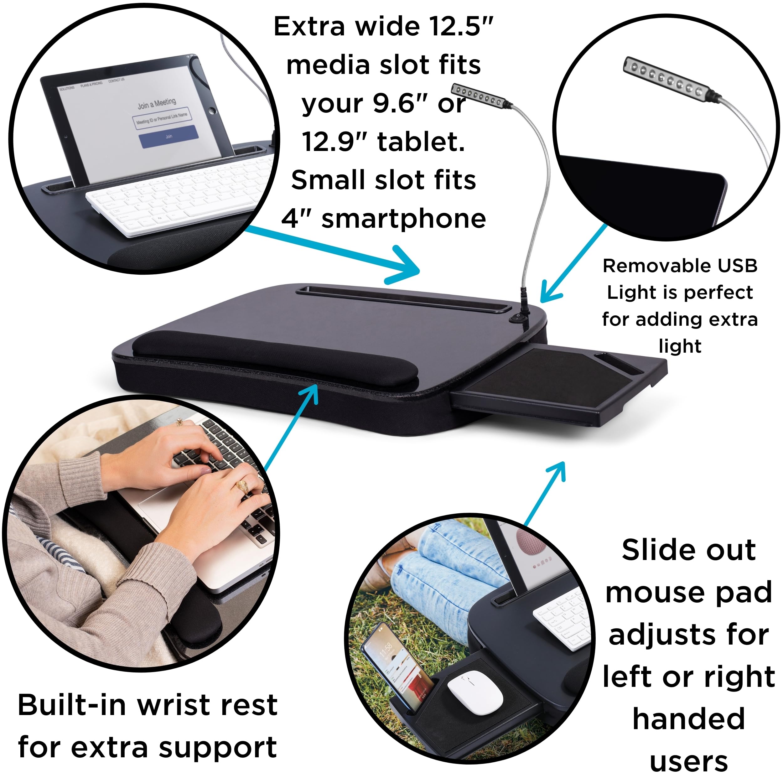BIRDROCK HOME Adjustable Lap Desk with Memory Foam Cushion - Portable Laptop Tray with USB Light & Mouse Pad - Fits 15