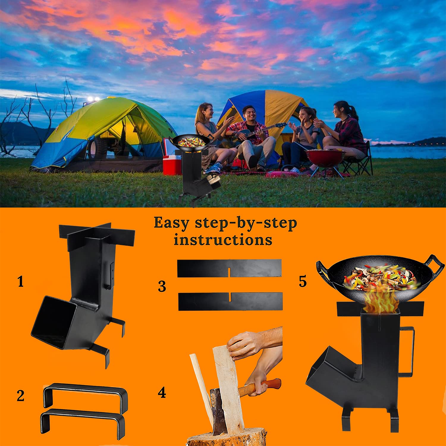 Portable Camping Rocket Stove with Handle - Lightweight Survival Cooking Heater for Outdoor Adventures, Emergency Preparedness & Backpacking