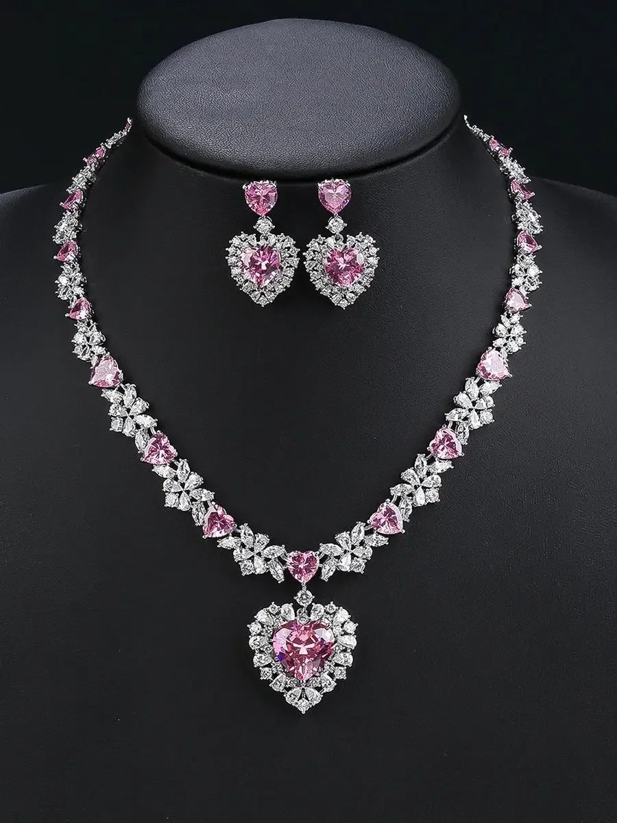 Elegant Cubic Zirconia Heart Necklace & Earrings Set for Women - Luxury Wedding Jewelry, Bridal Gift, Anniversary Present - Perfect for Weddings, Date Nights, and Special Occasions