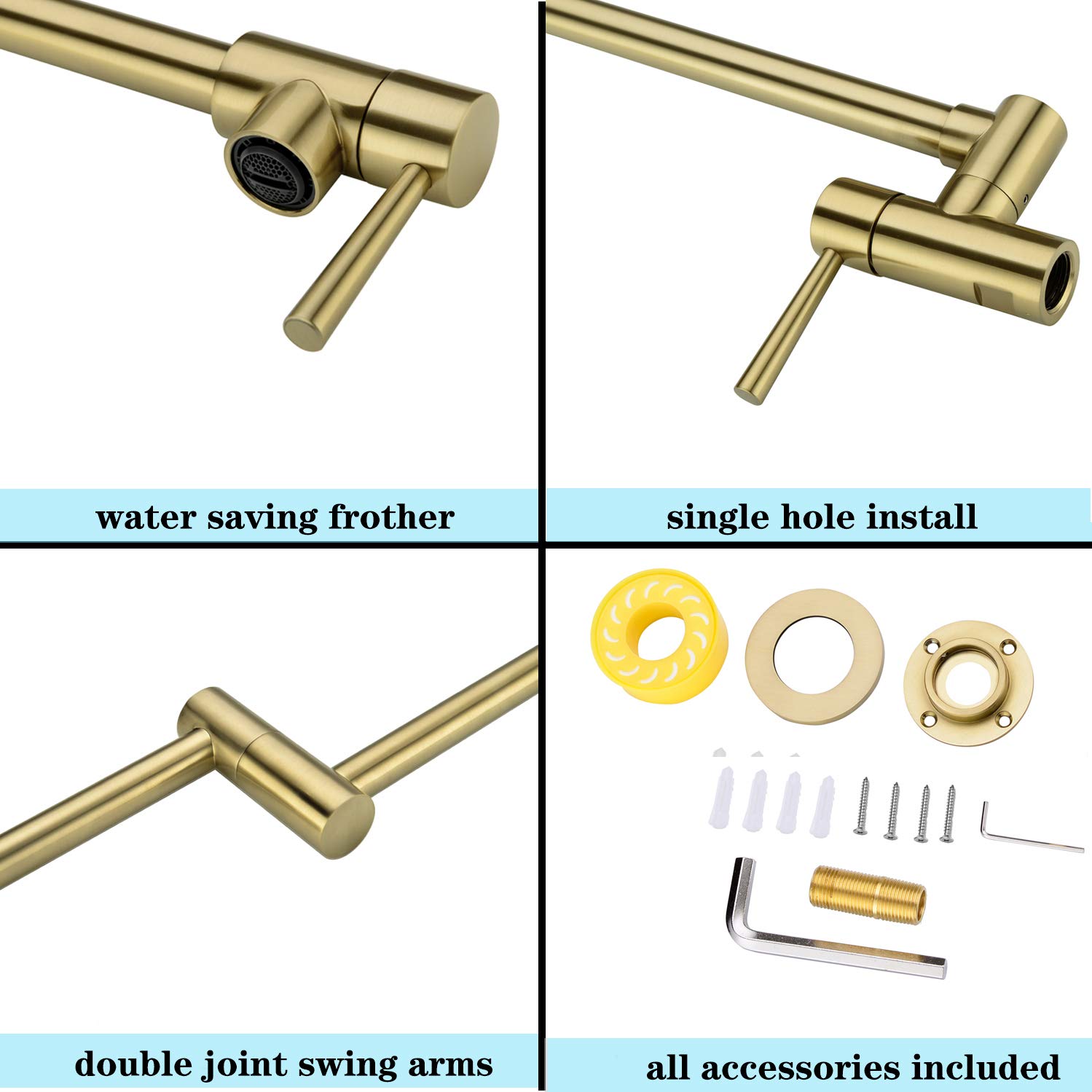 Wall Mounted Brass Pot Filler Kitchen Faucet with Double Joint Swing Arms - Foldable & Stretchable Single Hole Two Handle Design in Gold Brushed Finish | Perfect for Home Kitchen, Restaurant, and Commercial Use