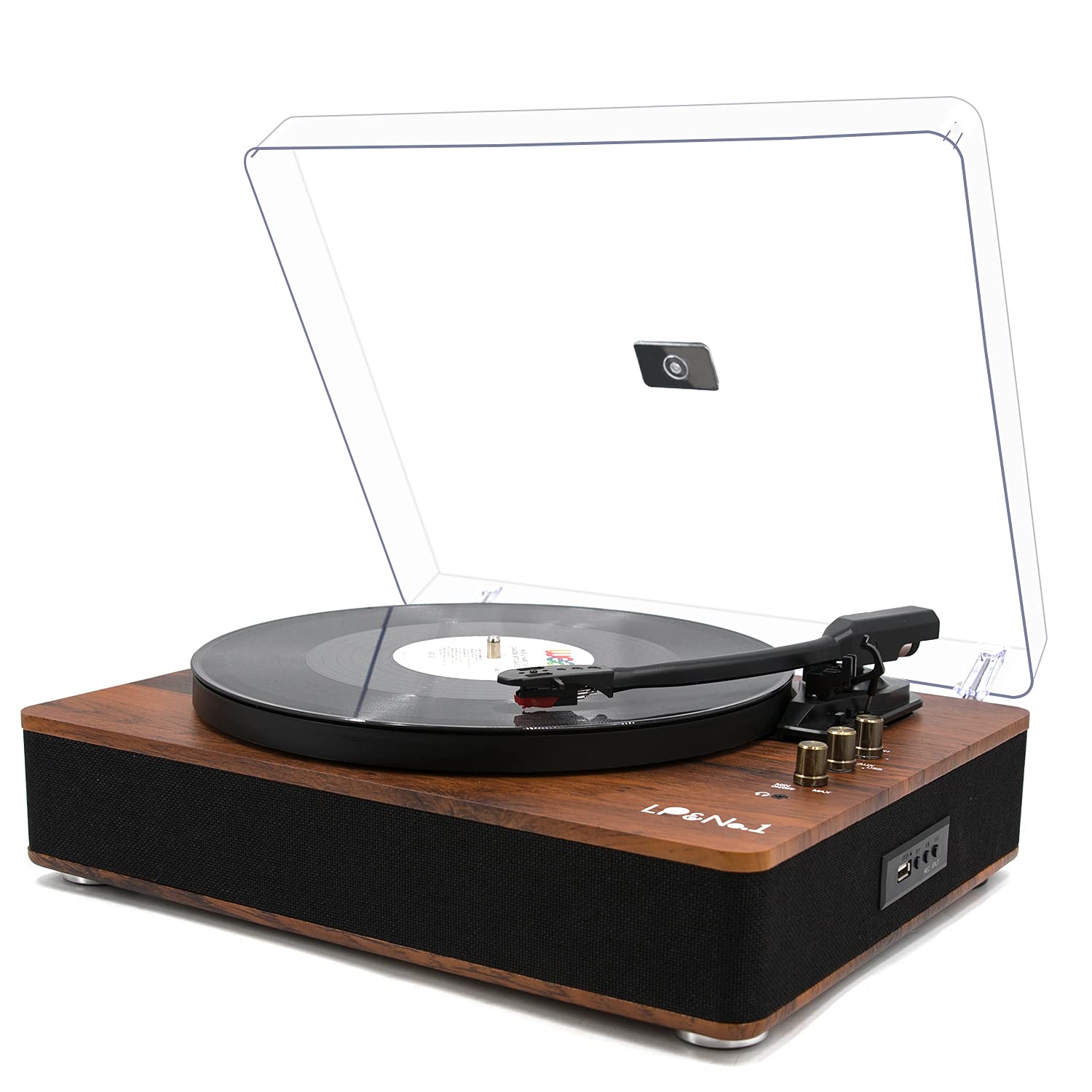 LP&NO.1 Vintage Belt-Driven Turntable with Built-in Speakers | USB Playback & Recording | 3-Speed Phonograph for Vinyl Records | Mahogany Wood Record Player for Home Entertainment & Retro Decor | Perfect for Living Rooms, Music Studios & Gift Giving