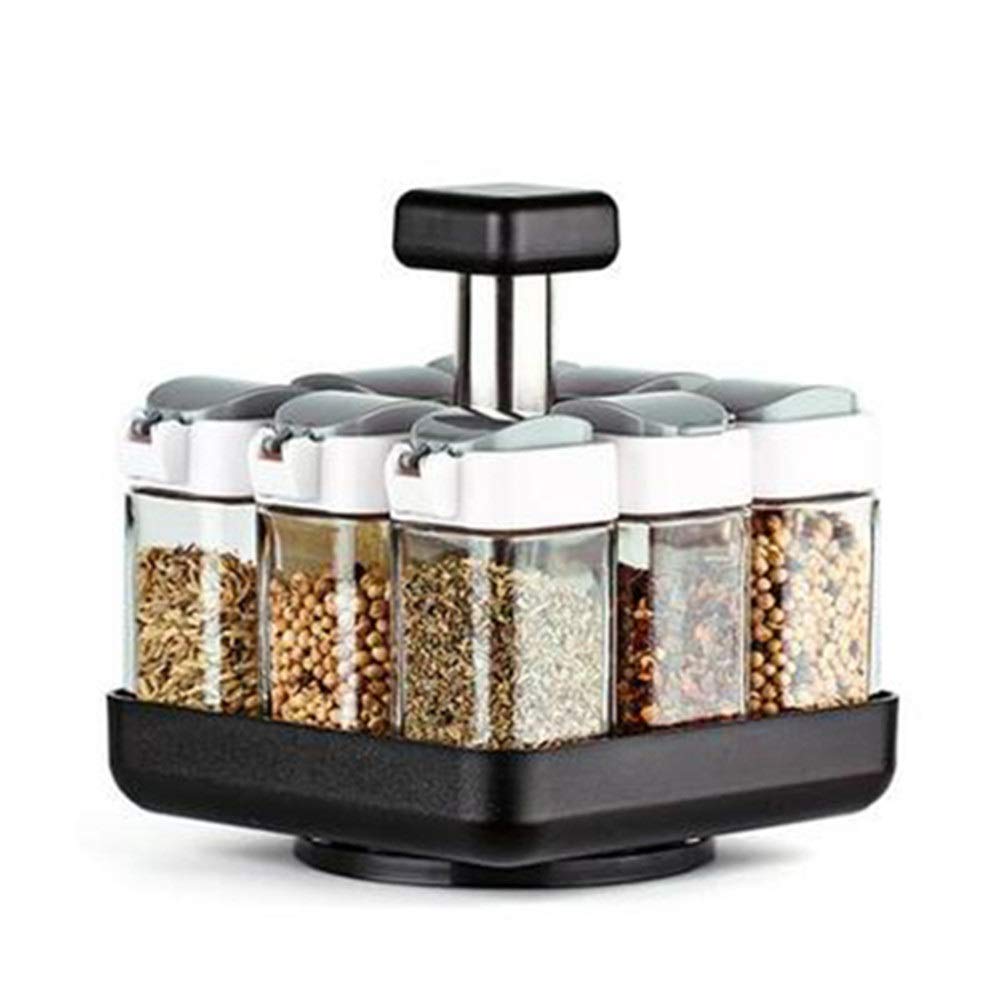 WIONC Rotating Glass Spice Jars Set - 6-Piece Seasoning Cruet with Storage Rack for Salt, Pepper & Paprika - Perfect for Kitchen, BBQ & Pantry Organization (Size B)