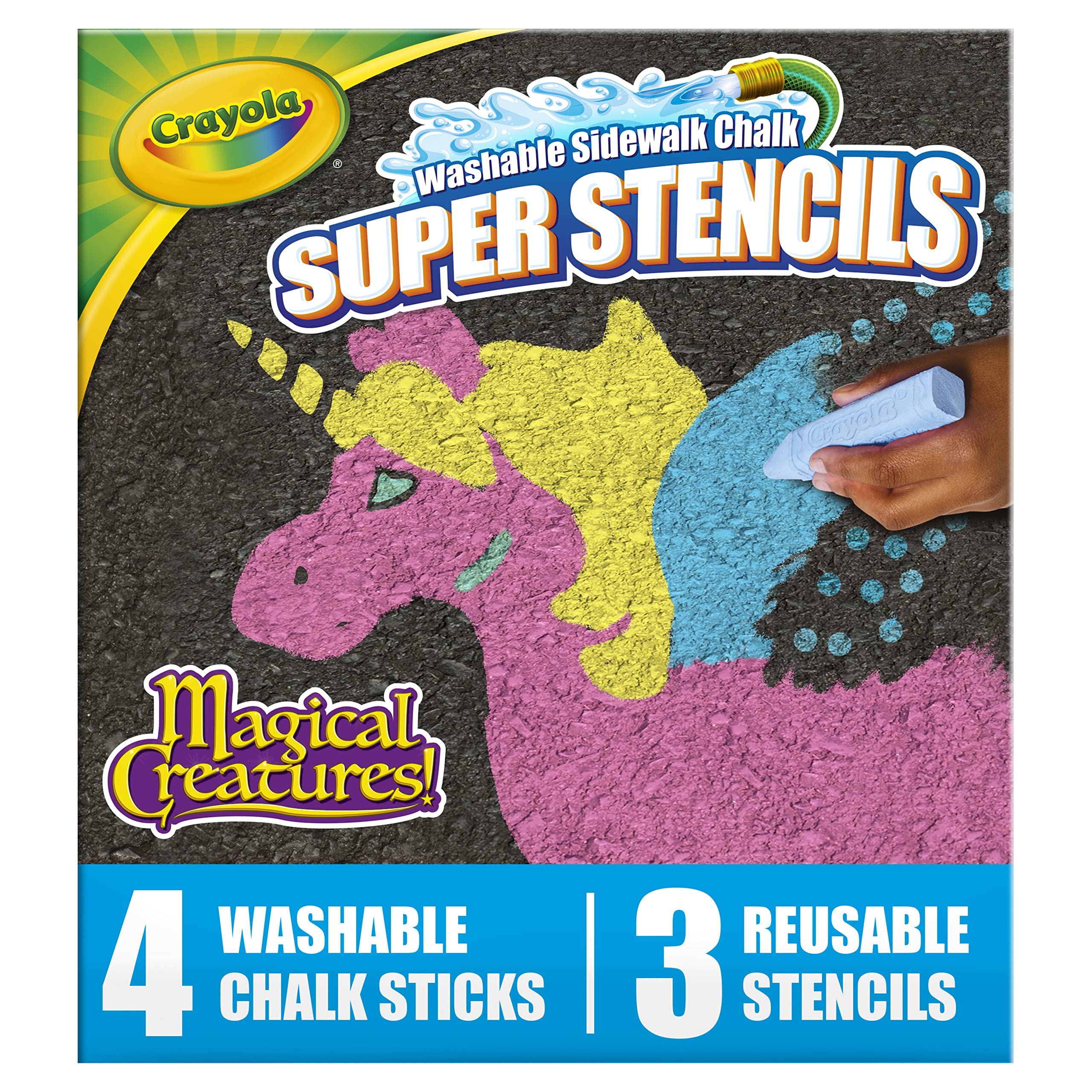 Crayola Super Stencils Magical Creatures Set (3ct) - Large Washable Sidewalk Chalk for Kids Ages 4+ | Outdoor Play, Birthday Gifts, Summer Activities, Creative Drawing Fun