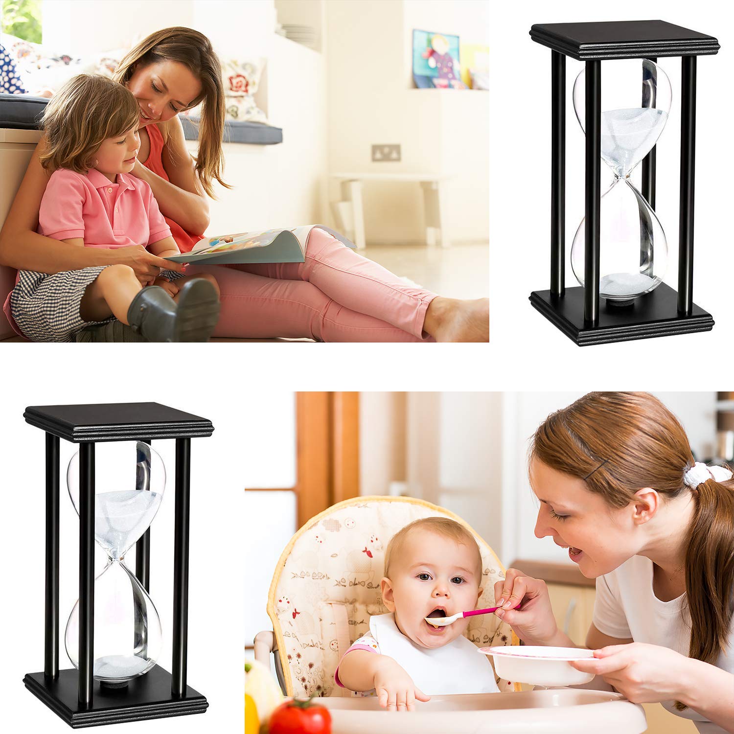60 Minute Hourglass Sand Timer - Wooden Frame White Sandglass Clock for Kids Room Decor, Birthday Gifts, Tea/Coffee Table, Bookshelf & Classroom Games | Perfect for Study Time Management, Cooking, Board Games & Meditation