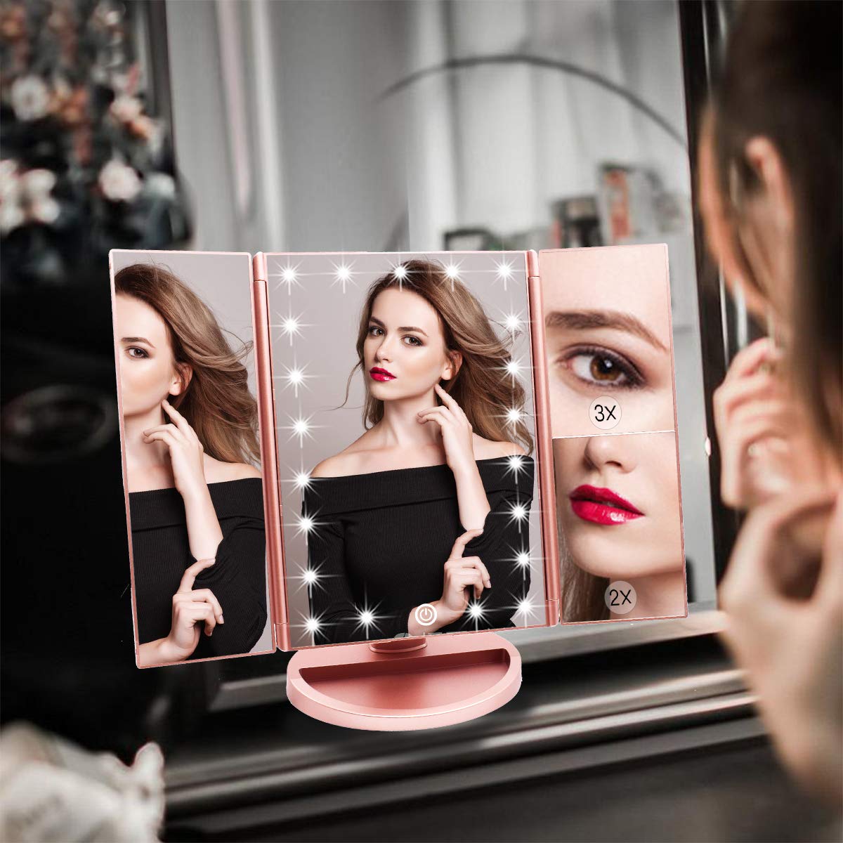 WEILY 21 LED Lighted Makeup Mirror with Touch Screen, 1x/2x/3x Magnification & Dual Power Supply - Tri-Fold Vanity Mirror for Makeup, Skincare, Shaving (Rose Gold) - Perfect for Bedroom, Bathroom & Dressing Table
