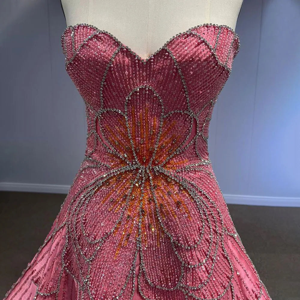 Luxury Beaded A-Line Satin Evening Gown for Women - Serene Hill Dubai Arabia Peach Wedding Party Dress 2025 LA72195 | Elegant Formal Gowns for Brides, Prom, Red Carpet & Special Occasions