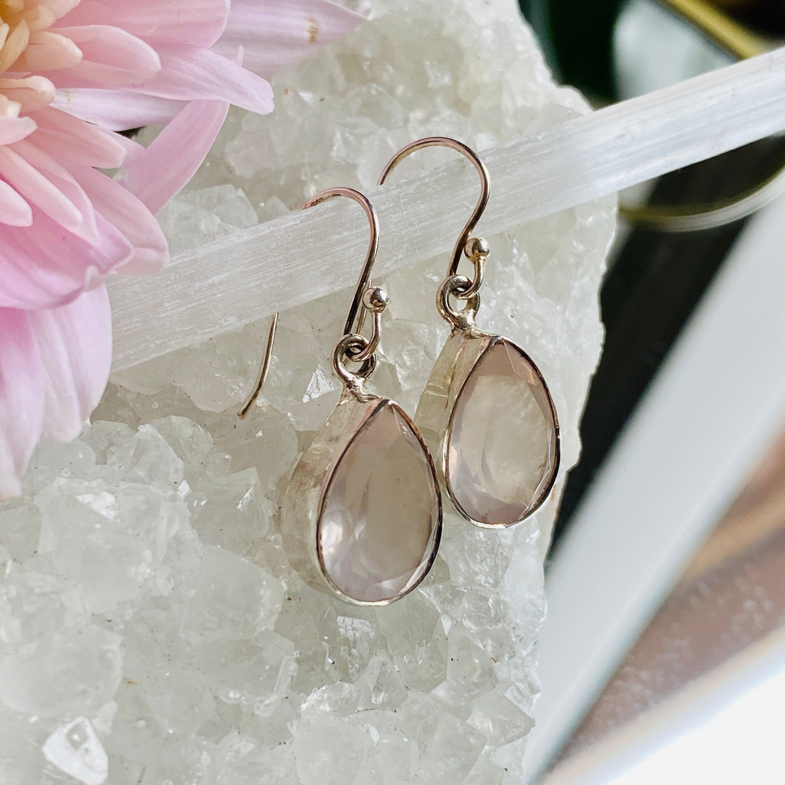 Rose Quartz Faceted Teardrop Earrings for Women - Dainty Crystal Drop Earrings for Everyday Wear, Gift Giving & Special Occasions