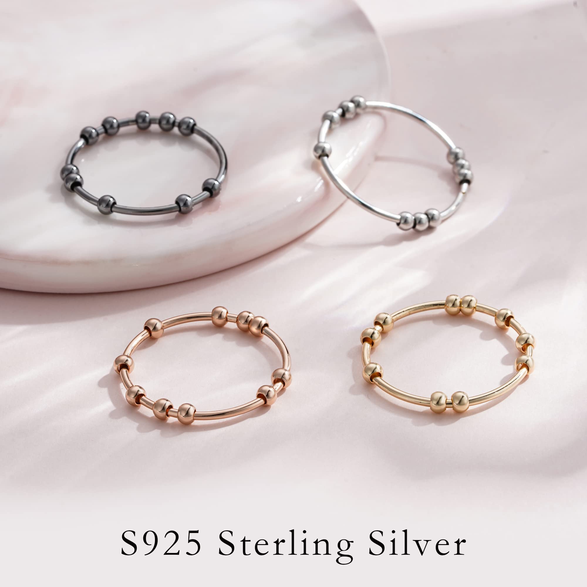 Ursilver S925 Sterling Silver Spinner Ring for Women & Men - Anxiety Relief Ring with Beads, Stress Relieving Fidget Jewelry, Unisex Spinner Ring for ADHD, OCD & Anxiety - Perfect for Office, Travel & Daily Wear