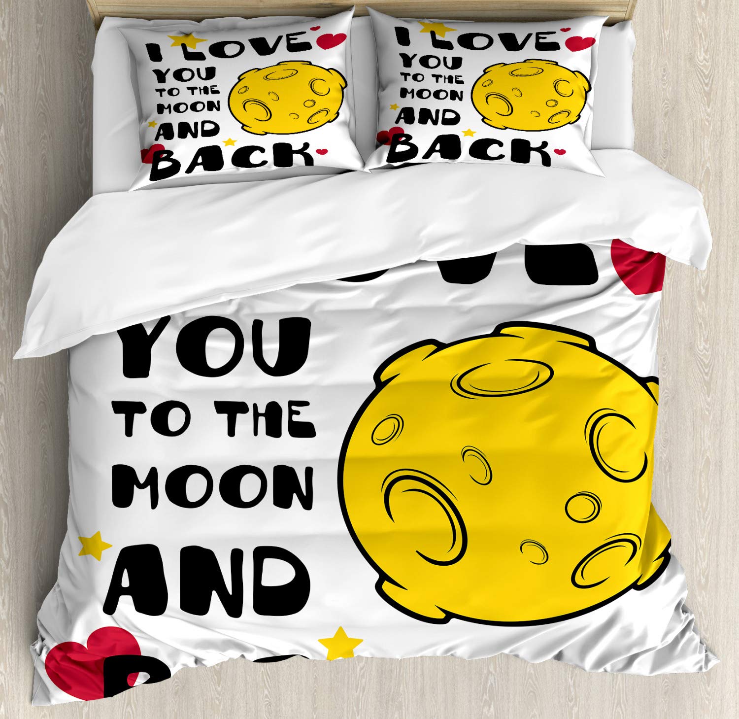 Ambesonne I Love You Duvet Cover Set - Moon Surface Romance Print, Galactic Love Theme 3-Piece Bedding Set with 2 Pillow Shams, California King Size in Yellow Black Red | Perfect for Valentine's Day Gifts, Couples Bedroom Decor & Space-Themed Home Decor