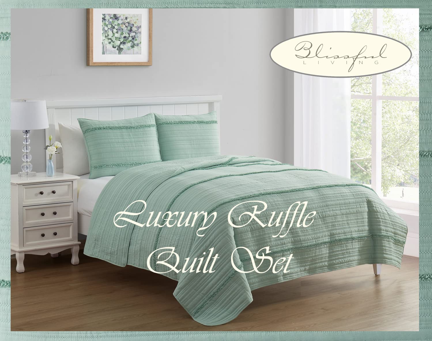 Blissful Living Luxury Ruffle Quilt Set with Shams - Ultra Soft Lightweight Bedding for All Seasons | Twin, Full/Queen & King Size Options (Silt Green) | Perfect for Master Bedrooms, Guest Rooms & Cozy Home Decor
