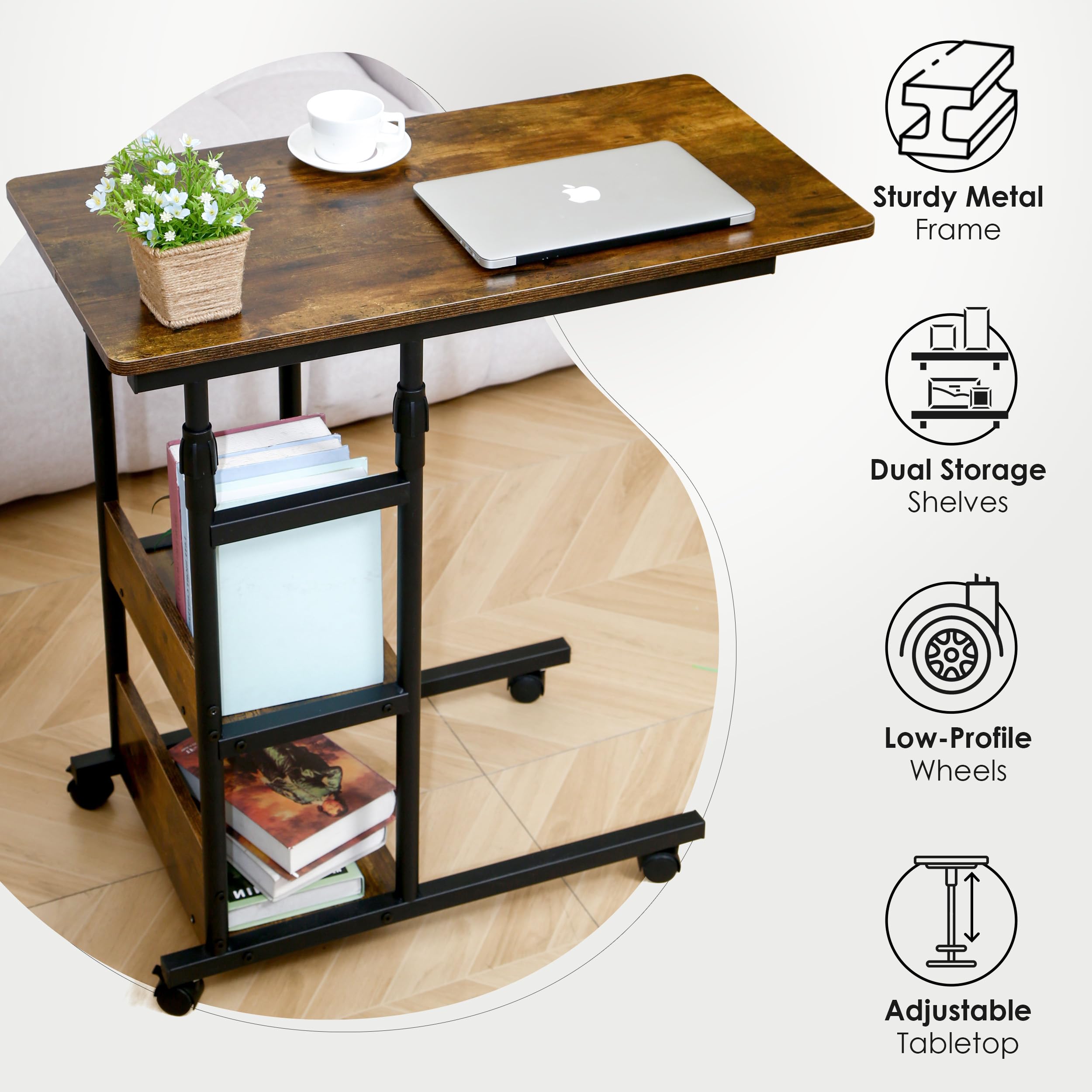 Adjustable Height Rolling Bedside Table with Wheels - Mobile C Desk for Over Bed, Under Couch - Perfect for Laptop, Dinner & Snacks - 37 x 32 x 16 Inch - Ideal for Bedroom, Living Room & Small Spaces