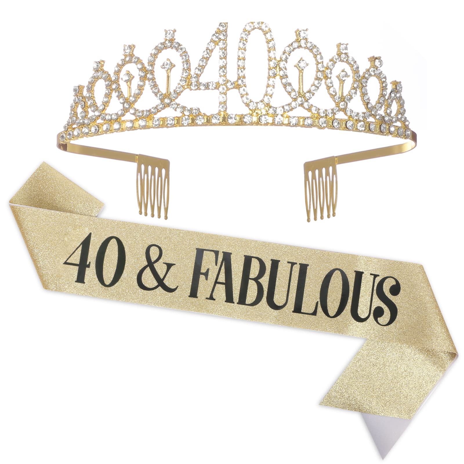40th Birthday Sash & Tiara Set for Women - 40 & Fabulous Gold Crown & Sash - Perfect Birthday Gift for Queen Women - Great for Birthday Parties, Decorations & Celebrations
