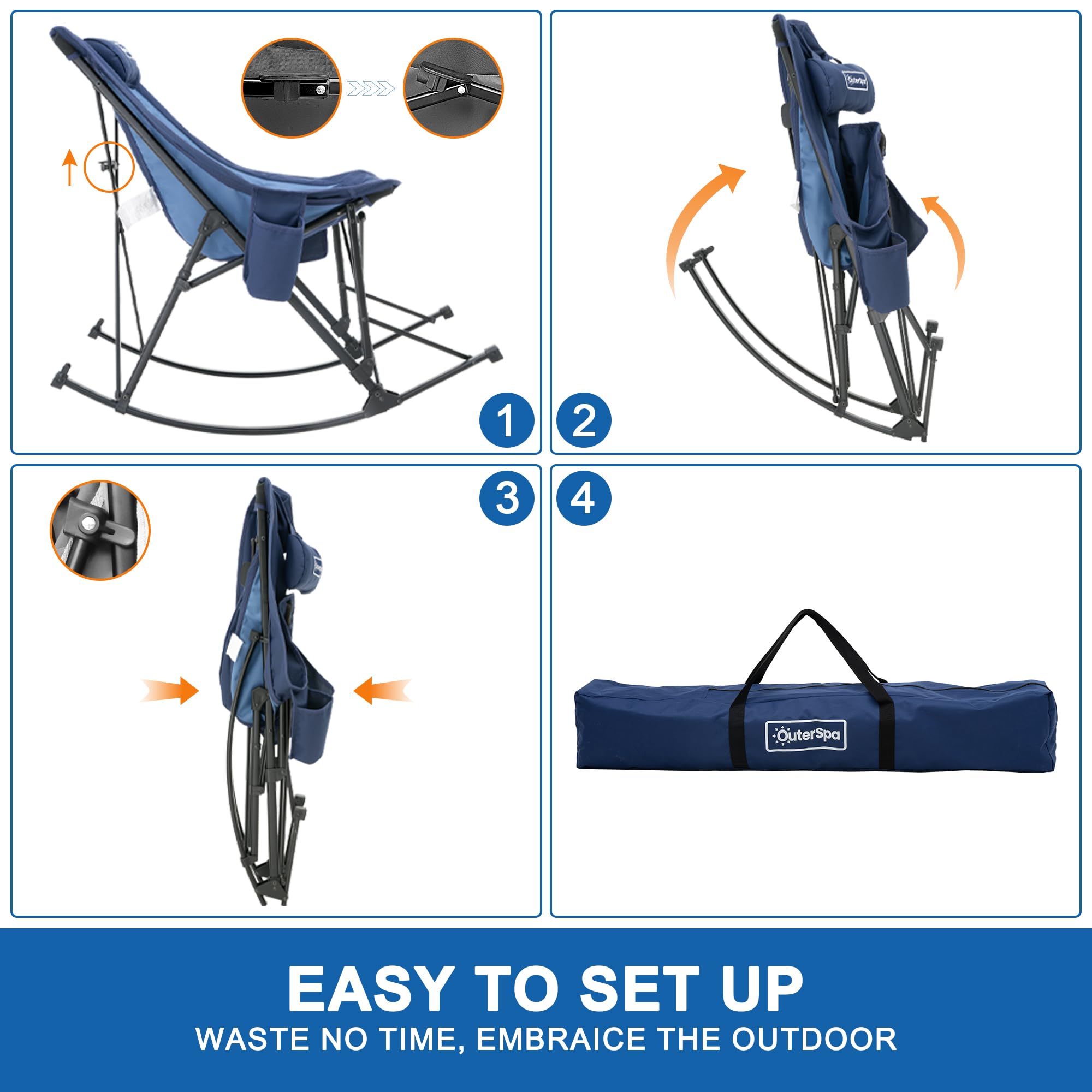 Heavy Duty Oversized Portable Folding Camping Chair with High Back & Side Cup Holders - Blue Outdoor Rocking Chair for Beach, Fishing, Picnic, Concert, Lawn & Travel - Perfect for Relaxing in Backyard, Camping Trips & Outdoor Events