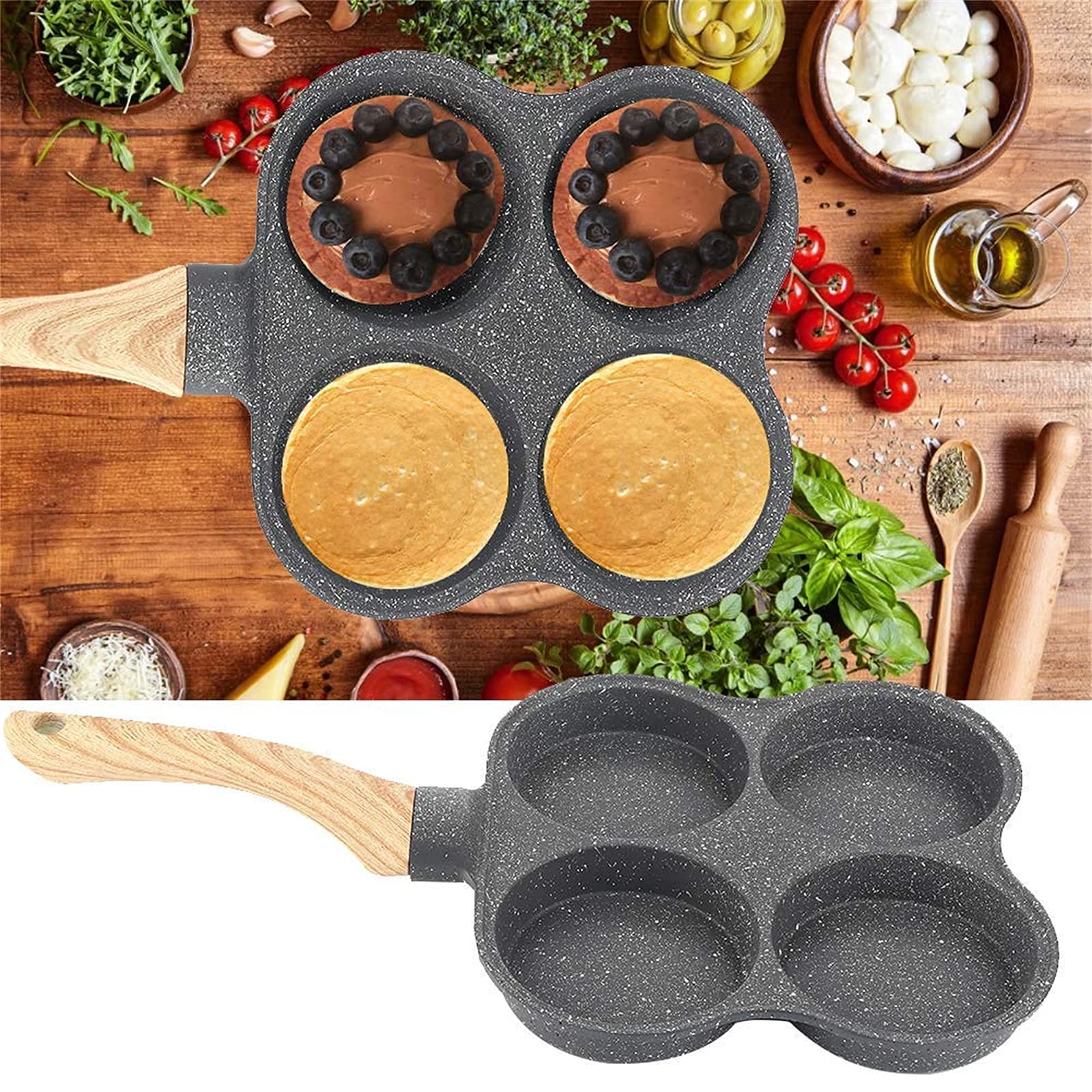 Nonstick 4-Hole Egg Frying Pan with Wooden Handle - Aluminum Omelette & Pancake Cooker for Perfect Poached Eggs, Burgers & Steaks - Ideal for Breakfast, Brunch & Quick Meals