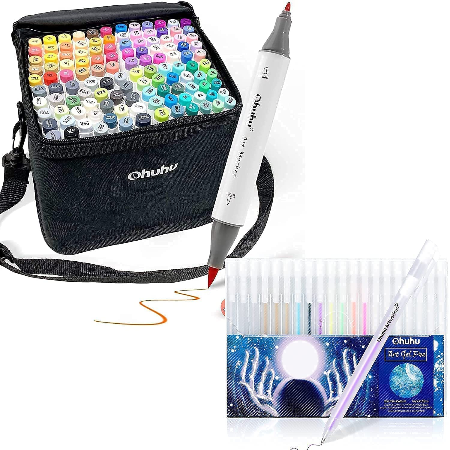 Ohuhu Alcohol Art Markers Brush & Fine Tip Set with Gold Silver White Gel Ink Pens - 20 Pack for Artists, Illustrators & Calligraphy - Perfect for Sketching, Coloring & Hand Lettering