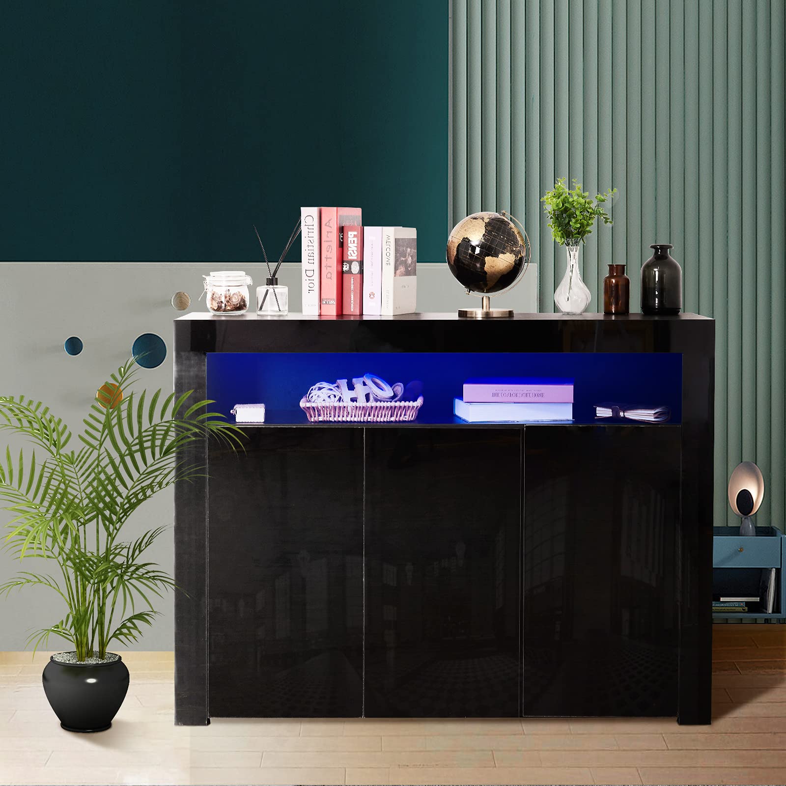 PovKeever 3-Door Sideboard Storage Cabinet with Open Shelf & LED Lights - 16 Colors & 4 Lighting Effects - Freestanding Buffet Cabinet for Living Room, Entryway, Bathroom - Modern Home Storage Solution for Displaying Decor & Organizing Essentials