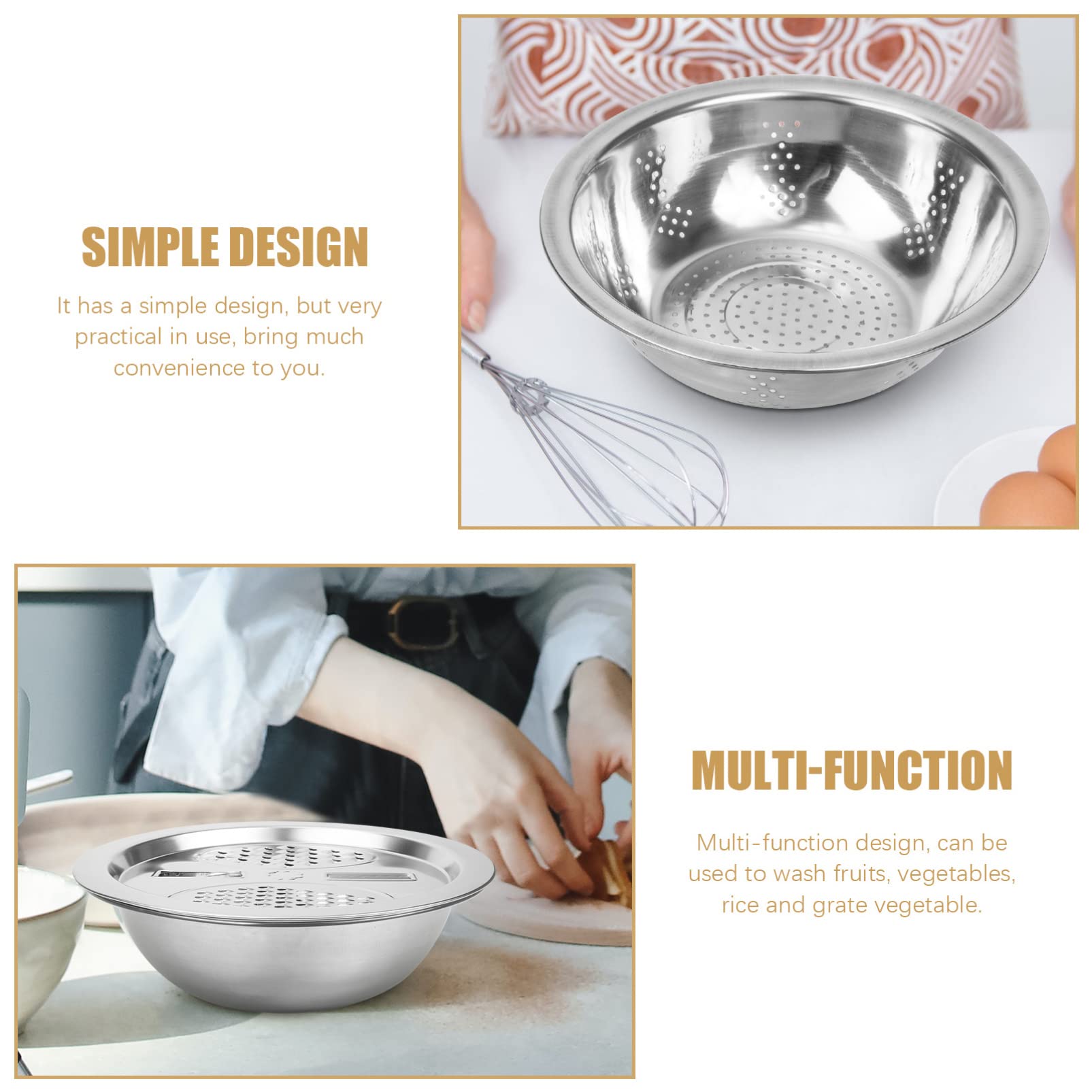 Premium Stainless Steel Salad Grater & Colander Set - Multi-Functional Vegetable Cutter, Rice Washing Basket, Drain Bowl for Kitchen - Perfect for Meal Prep, Pasta Draining & Salad Making (Over Sink Design)