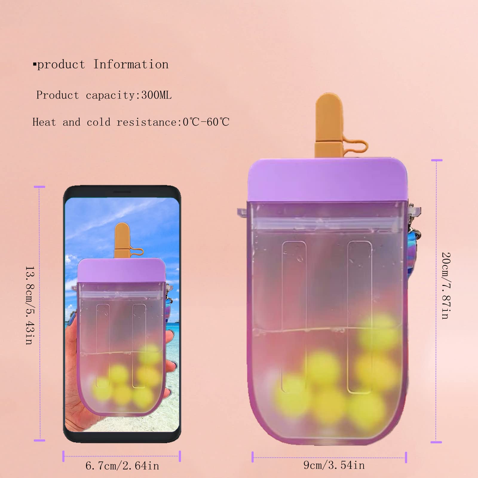 Leakproof Silicone Popsicle Water Bottle with Straw & Shoulder Strap - Cute Transparent Ice Cream Design for Kids & Adults - Perfect for School, Gym, Hiking & Outdoor Activities (Blue)