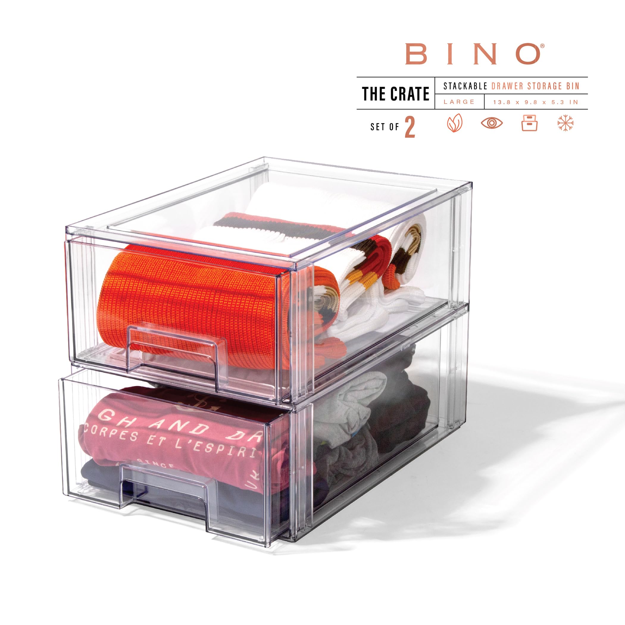 BINO Stackable Clear Storage Drawers - 2 Pack Large Plastic Organizer Bins for Bathroom, Vanity & Under Sink | Space-Saving Drawer Organizer for Home, Office & Closet Storage Solutions