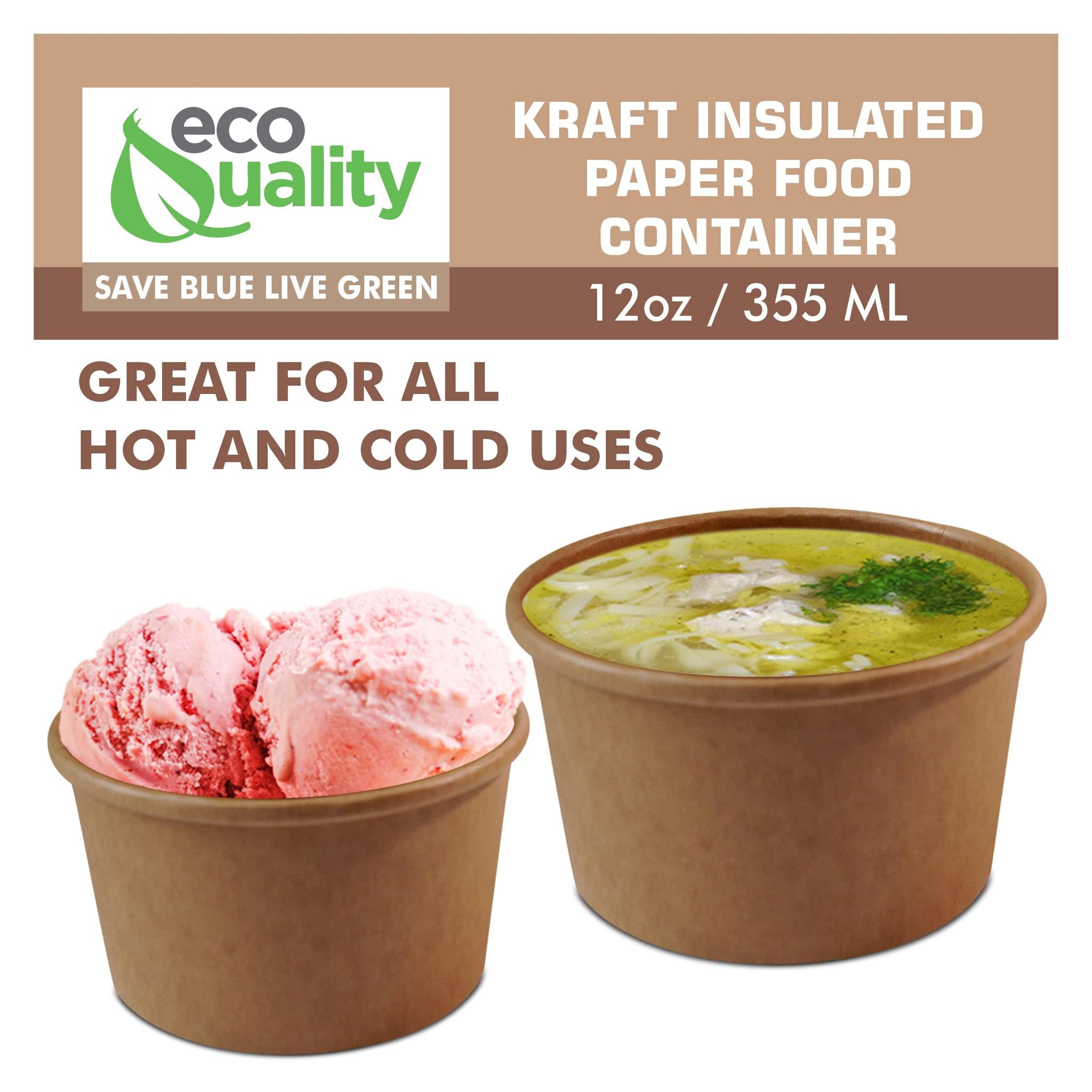EcoQuality 12 oz Disposable Kraft Paper Soup Containers [500 Pack] - Microwave Safe, Recyclable Takeout Containers for Ice Cream, Frozen Yogurt, Restaurant Food Storage & Meal Prep - Perfect for Catering, Parties & To-Go Orders