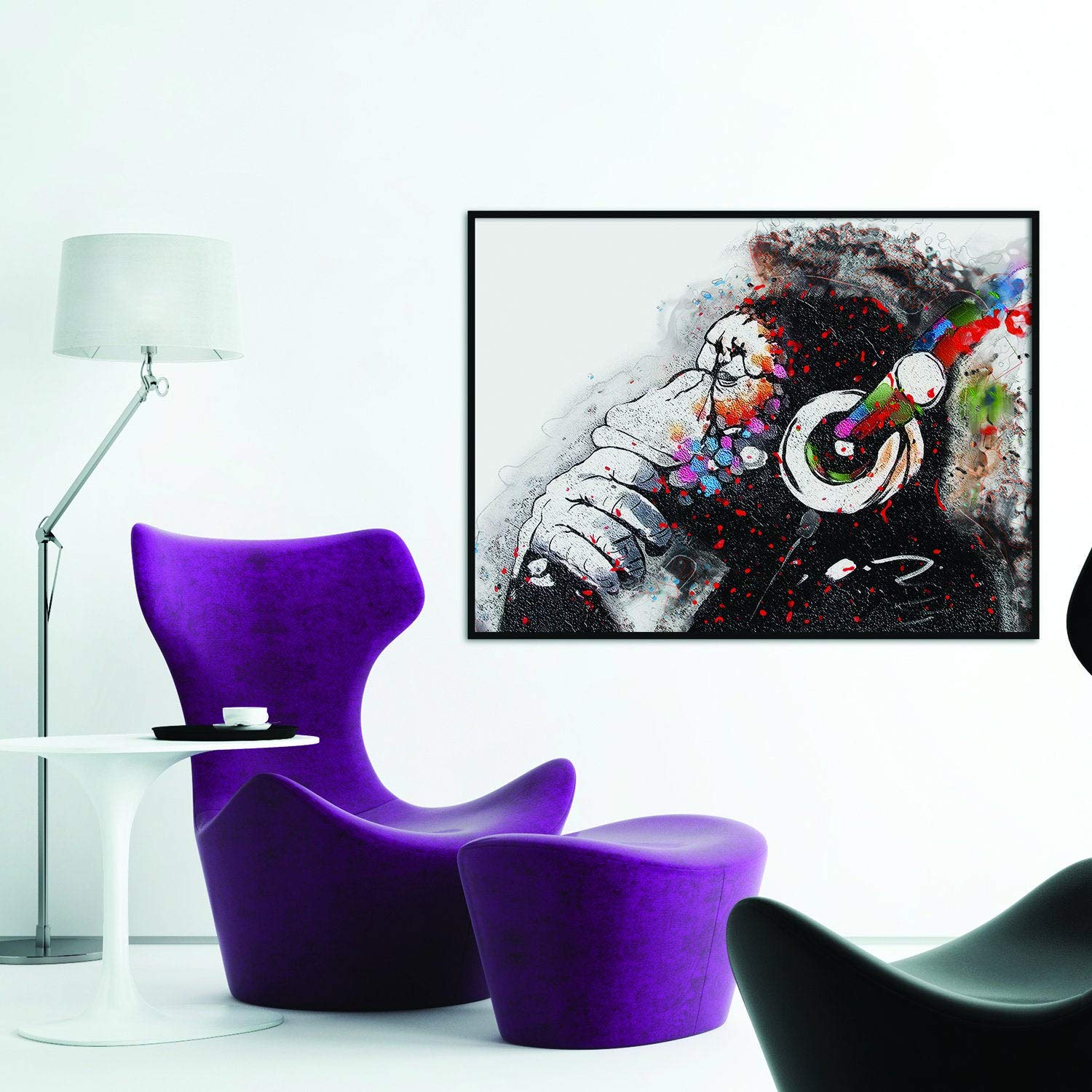 Thinking Monkey Headphone Art Poster - Banksy Wall Street Graffiti Print - Cool Music Pop Decor for DJ Room, Nursery & Gift Ideas - Printed Paper Wall Art for Home & Office