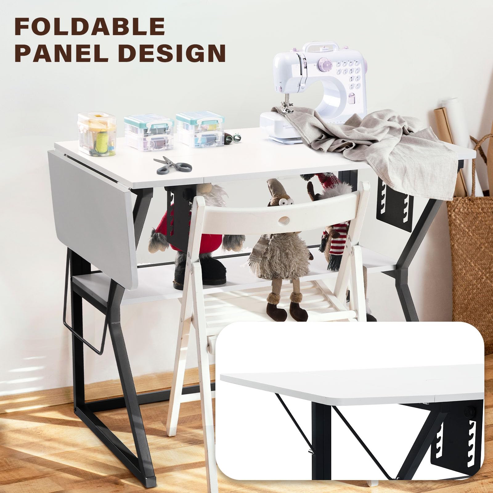 Adjustable Sewing Machine Table with Storage Shelf - Large White Sewing Table for Quilting, Crafting & DIY Projects - Perfect for Home Studios & Hobbyists