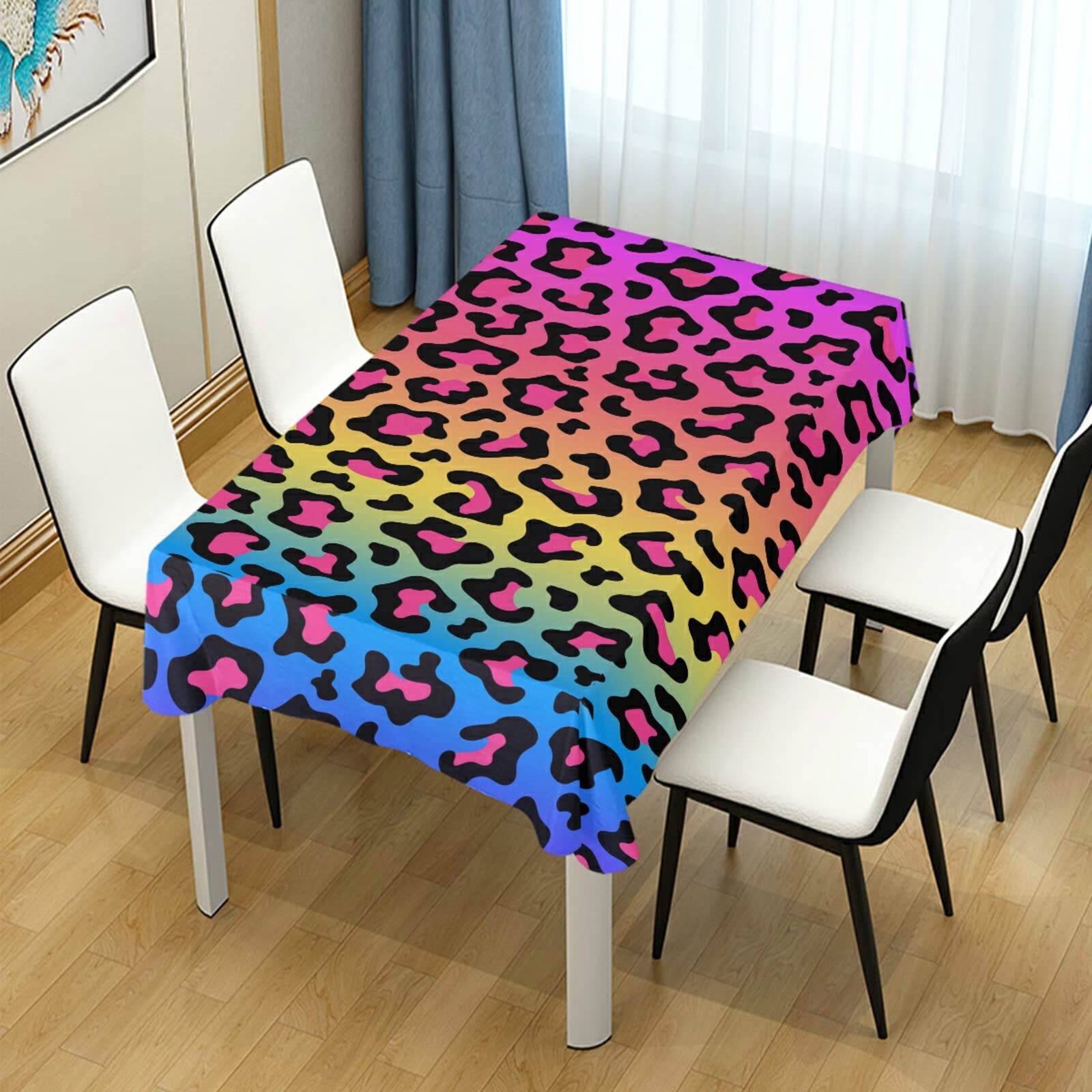 ALAZA Oblong Tablecloths 60 x 108 Inch, Neon Rainbow Leopard Print Party Tablecloth, Durable Dining Room Table Cover for Holidays, Birthdays, and Festive Gatherings