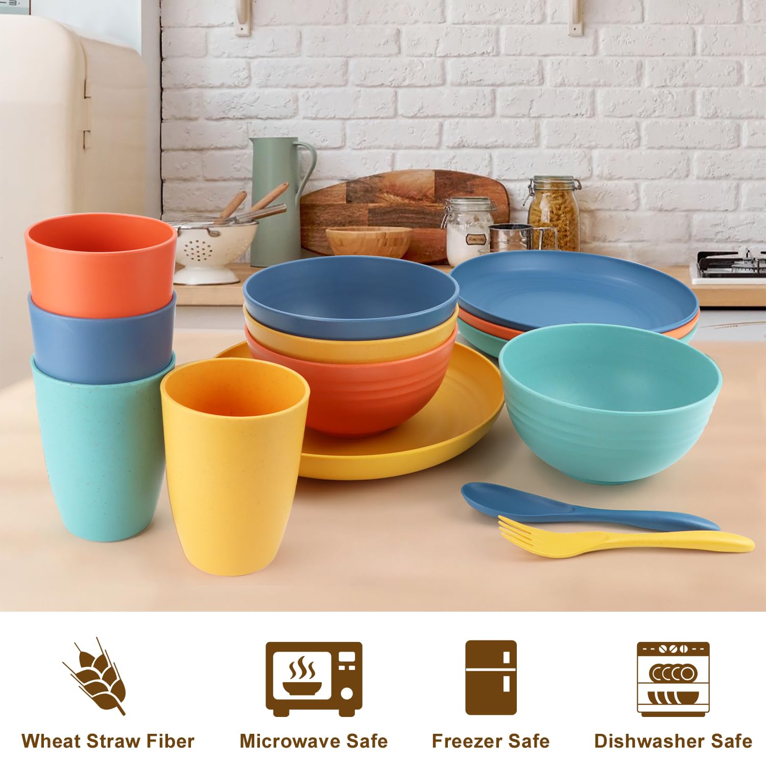 20-Piece Eco-Friendly Wheat Straw Dinnerware Set - Unbreakable Plates & Bowls, Reusable Plastic-Free Alternative - Microwave & Dishwasher Safe - Perfect for Camping, Picnics & Family Dinners (4-Person Set, Multicolor) - Ideal for Outdoor Adventures, Sustainable Living & Everyday Use