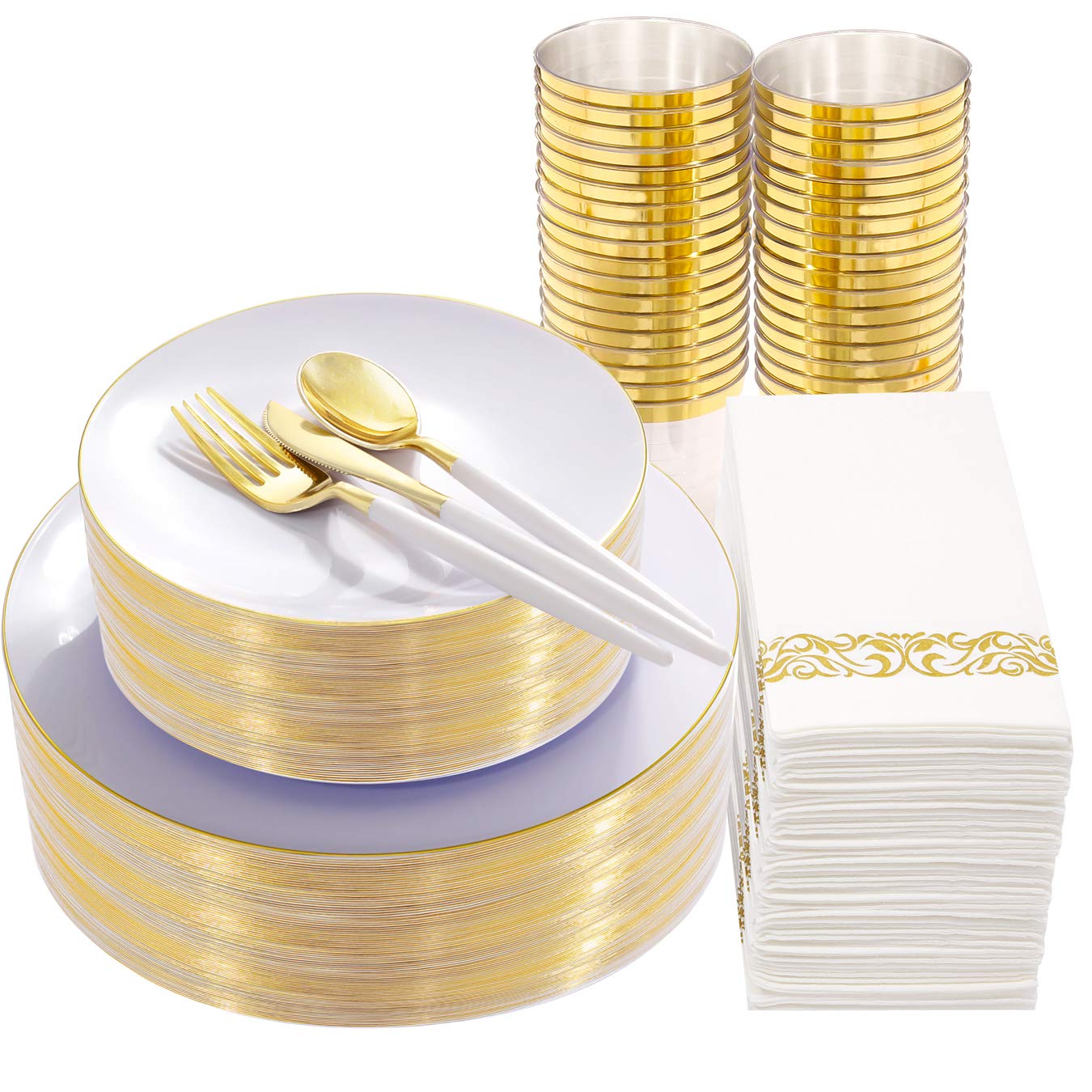 350-Piece White & Gold Disposable Plastic Plate Set with Gold Cutlery - 100 Plates, 150 Forks/Knives, 50 Cups & 50 Napkins - Elegant Dinnerware for Thanksgiving, Christmas Parties & Special Events