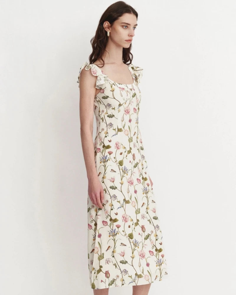 Floral Ruffle Shoulder Silk Dress - Elegant Women's Summer Party Cocktail Dress for Weddings, Dinners & Special Occasions