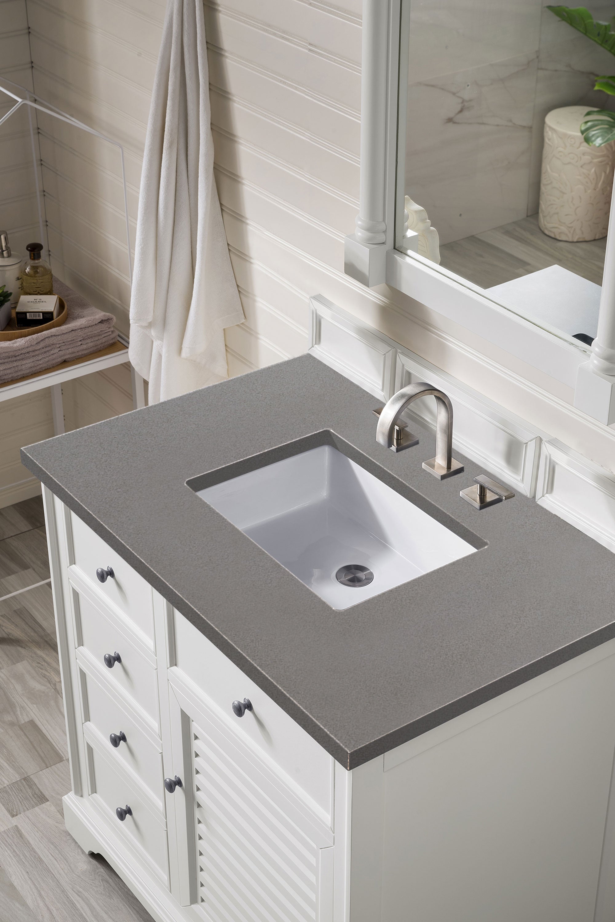 Savannah 36 Inch Single Vanity Cabinet with Grey Quartz Top - Bright White Bathroom Sink Base for Modern Homes | Perfect for Master Bath, Guest Bath & Powder Room