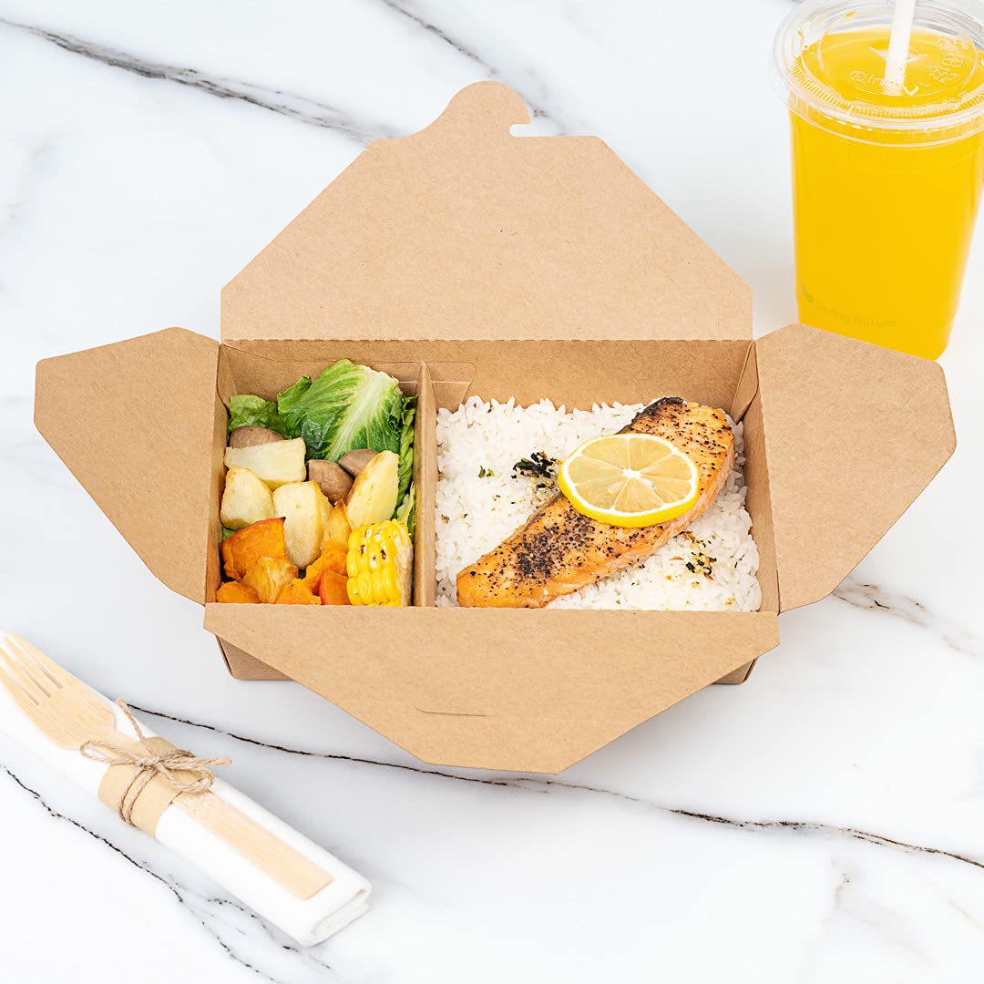 Eco-Friendly 50oz Kraft Paper Take Out Containers - 200 Pack of 2-Compartment Greaseproof Food Boxes with Secure Tab-Lock Closure | Perfect for Restaurants, Catering & Meal Prep | Safe for Hot/Cold Foods, Burgers, Salads & Leftovers