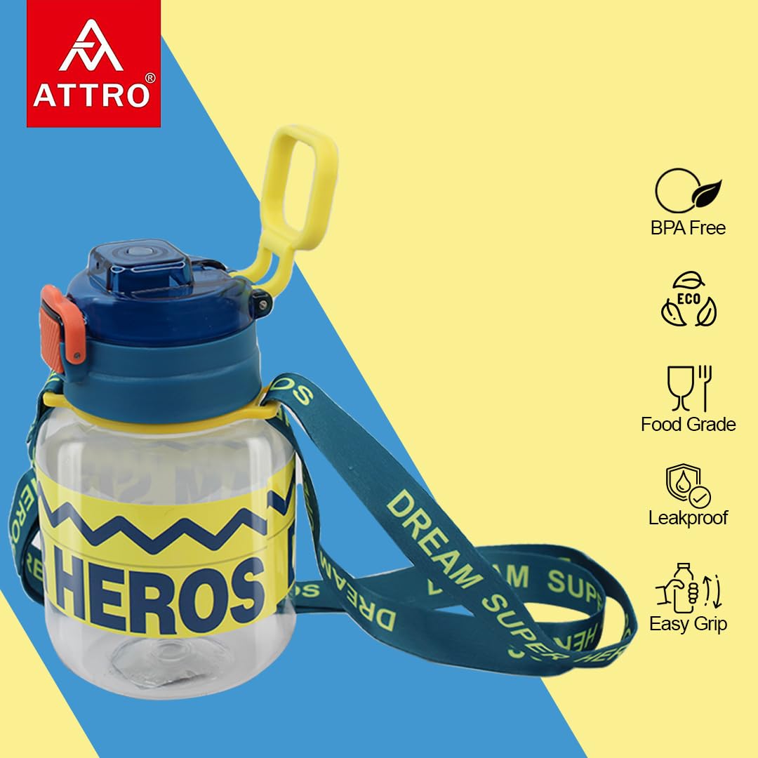 Attro Spike Kids 670ml Water Bottle with Straw Lid & Nylon Strap - BPA Free, Leak Proof Stainless Steel Bottle for Toddlers - Dark Blue - Perfect for School, Outdoor Activities and Travel