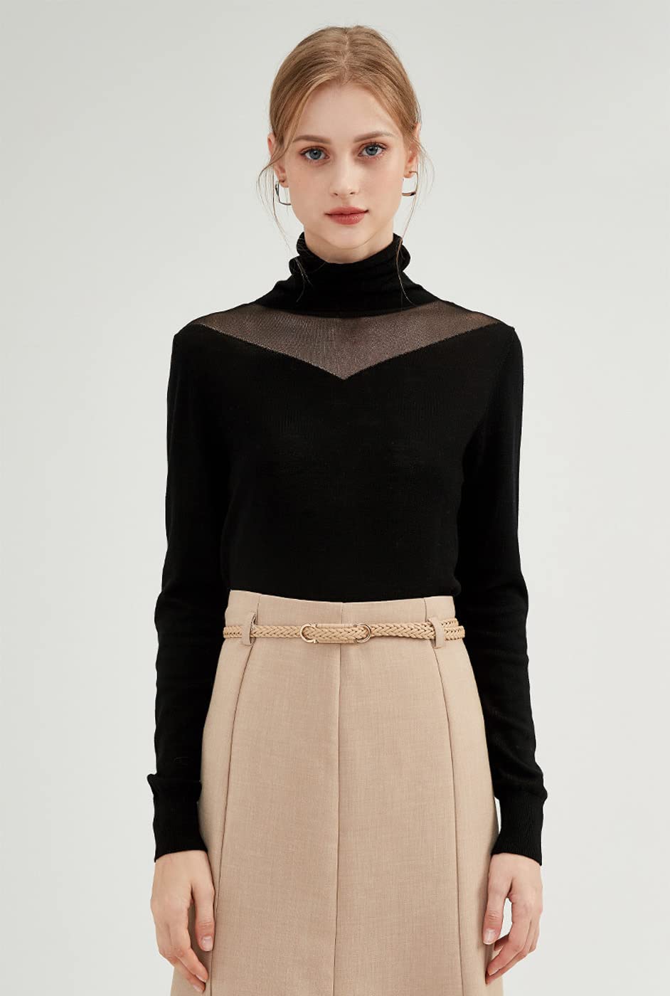 100% Wool Women's Lace High Neck Crewneck Sweater - Long Sleeve Pullover Top (XL, Black) | Warm Winter Fashion for Office & Casual Outfits