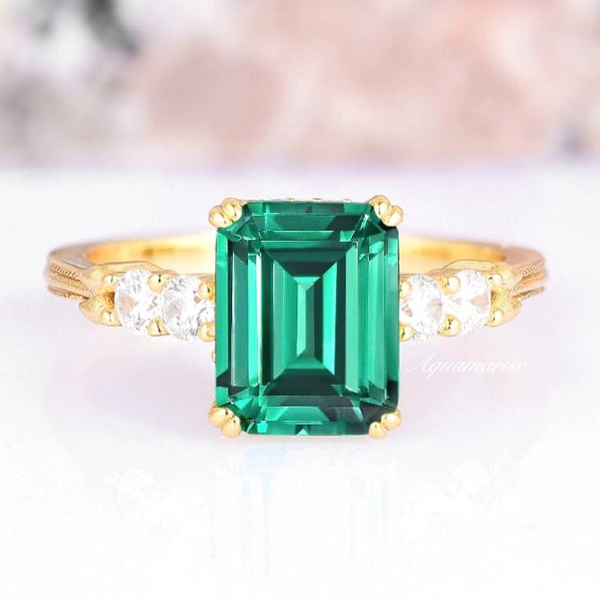 Hidden Halo Emerald Engagement Ring - 14K Yellow Gold Vermeil Wedding Band for Women, Perfect for Proposals, Anniversaries & Special Occasions
