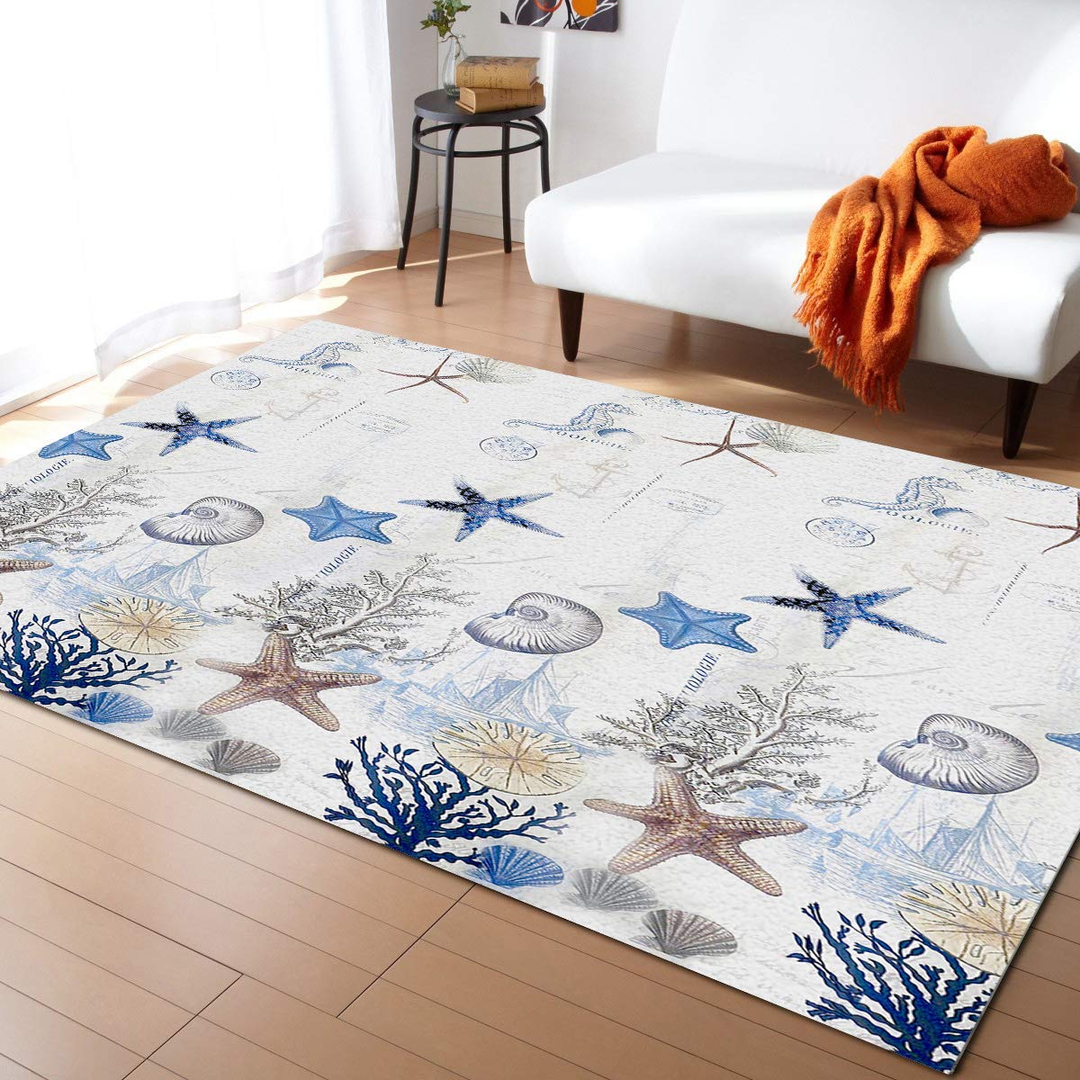4x6ft Large Non-Slip Area Rug - Nautical Tropical Ocean Design with Anchor, Starfish & Seahorse Patterns - Perfect for Living Room, Bedroom, Hallway, Nursery & Outdoor Decor