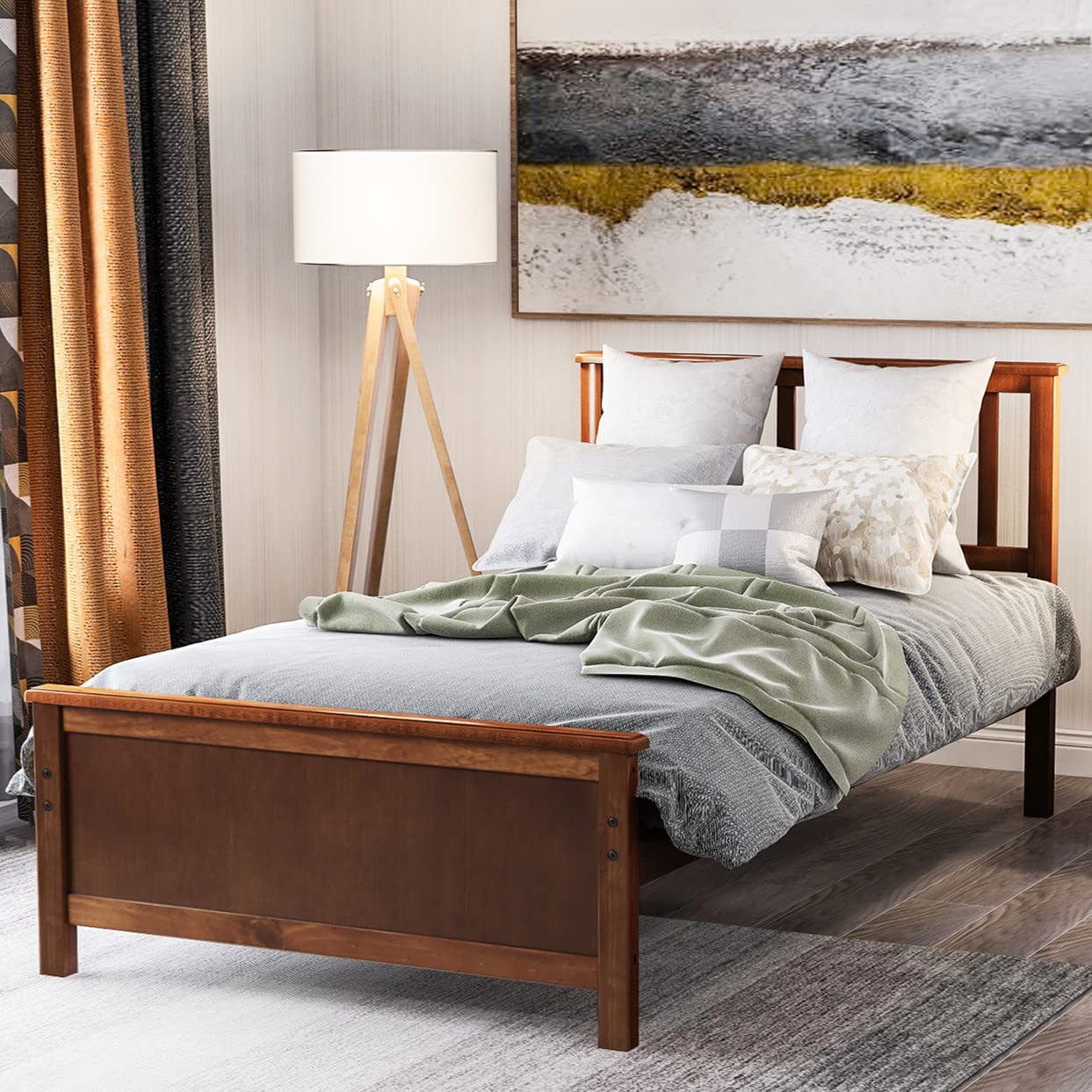 Merax Twin Bed Frame with Headboard & Footboard - Solid Wood Platform Bed for Kids & Adults, No Box Spring Needed - Walnut Finish | Perfect for Kids' Rooms, Guest Rooms & Small Spaces