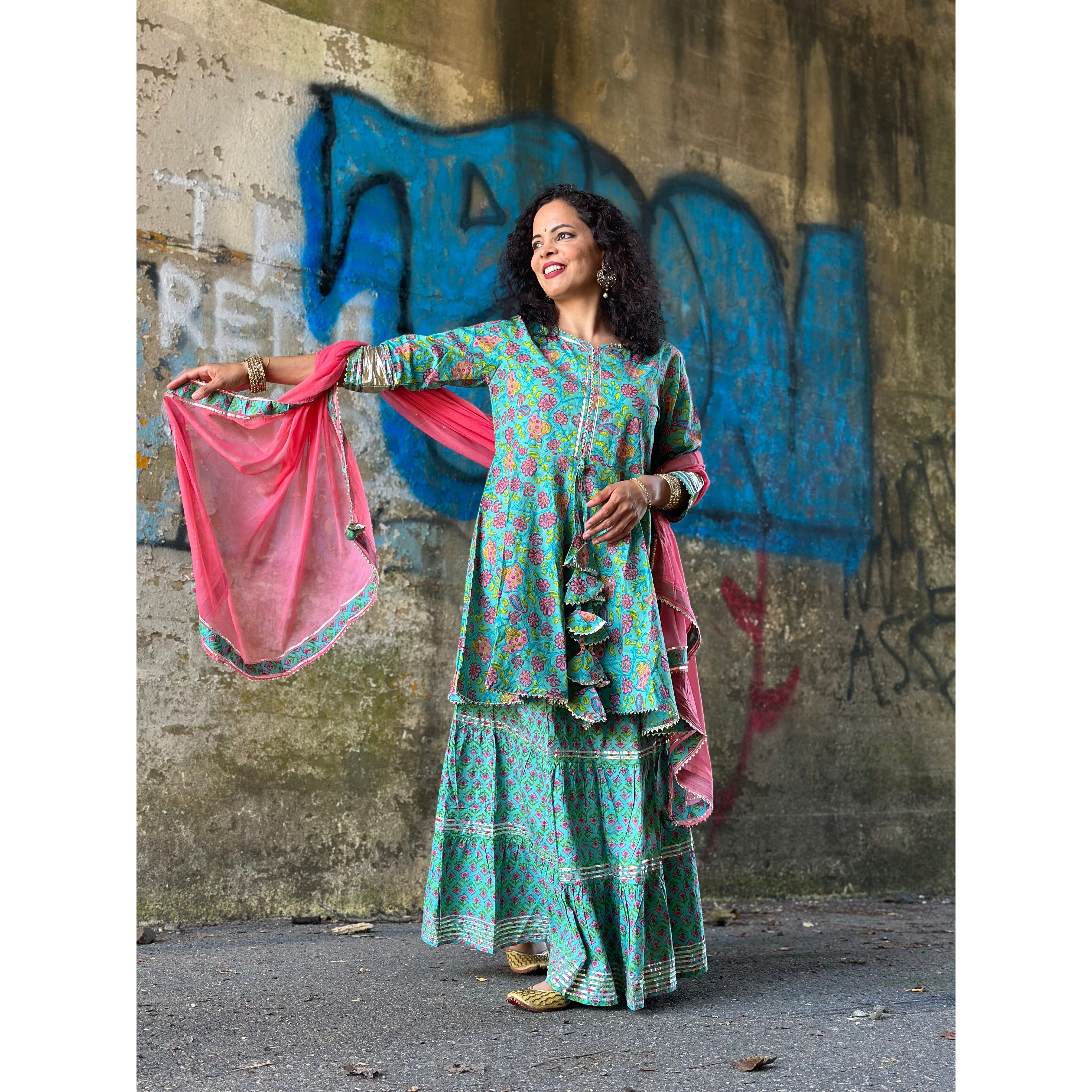 Stylish Sea Green Printed Kurti Set with Skirt & Dupatta - Perfect for Festivals, Weddings & Ethnic Occasions