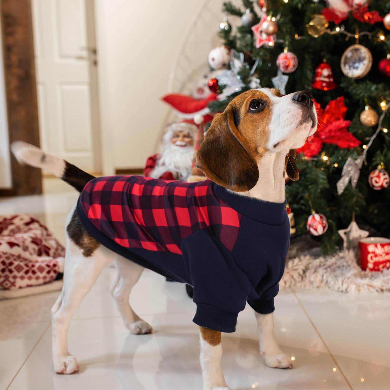 GreenJoy Plaid Dog Christmas Sweater - Cozy Turtleneck Pet Outfit with Leash Hole, Soft & Warm Winter Coat for Small Dogs & Cats (Red/Navy Plaid) - Perfect for Holiday Photos & Christmas Parties