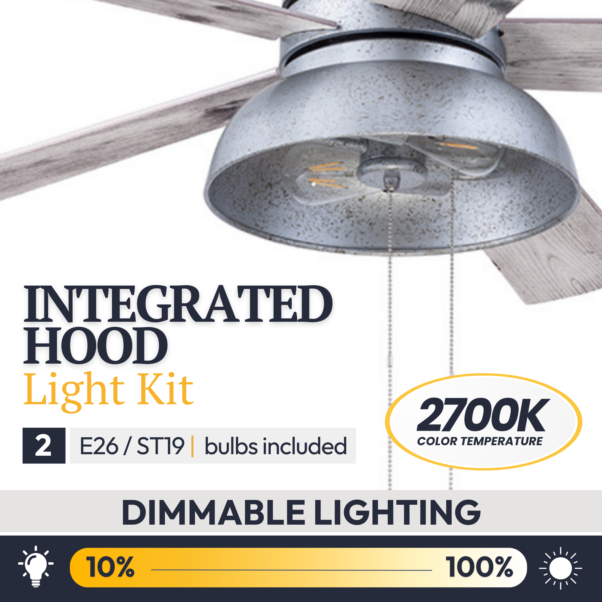 52 Inch Brightondale Galvanized Pull Chain Ceiling Fan - Indoor/Outdoor Use for Living Room, Bedroom, Patio & Covered Porch