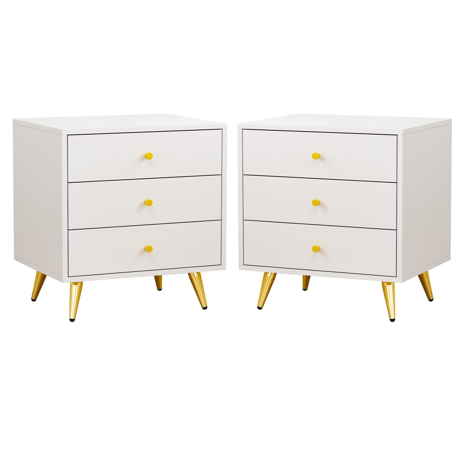 Modern White Nightstand Set of 2 with 3 Drawers - Sturdy Metal Legs Bedside Table for Bedroom & Living Room - 19.7”L x 15.7”W x 21.3”H - Perfect for Storage, Reading Nook & Small Space Decor