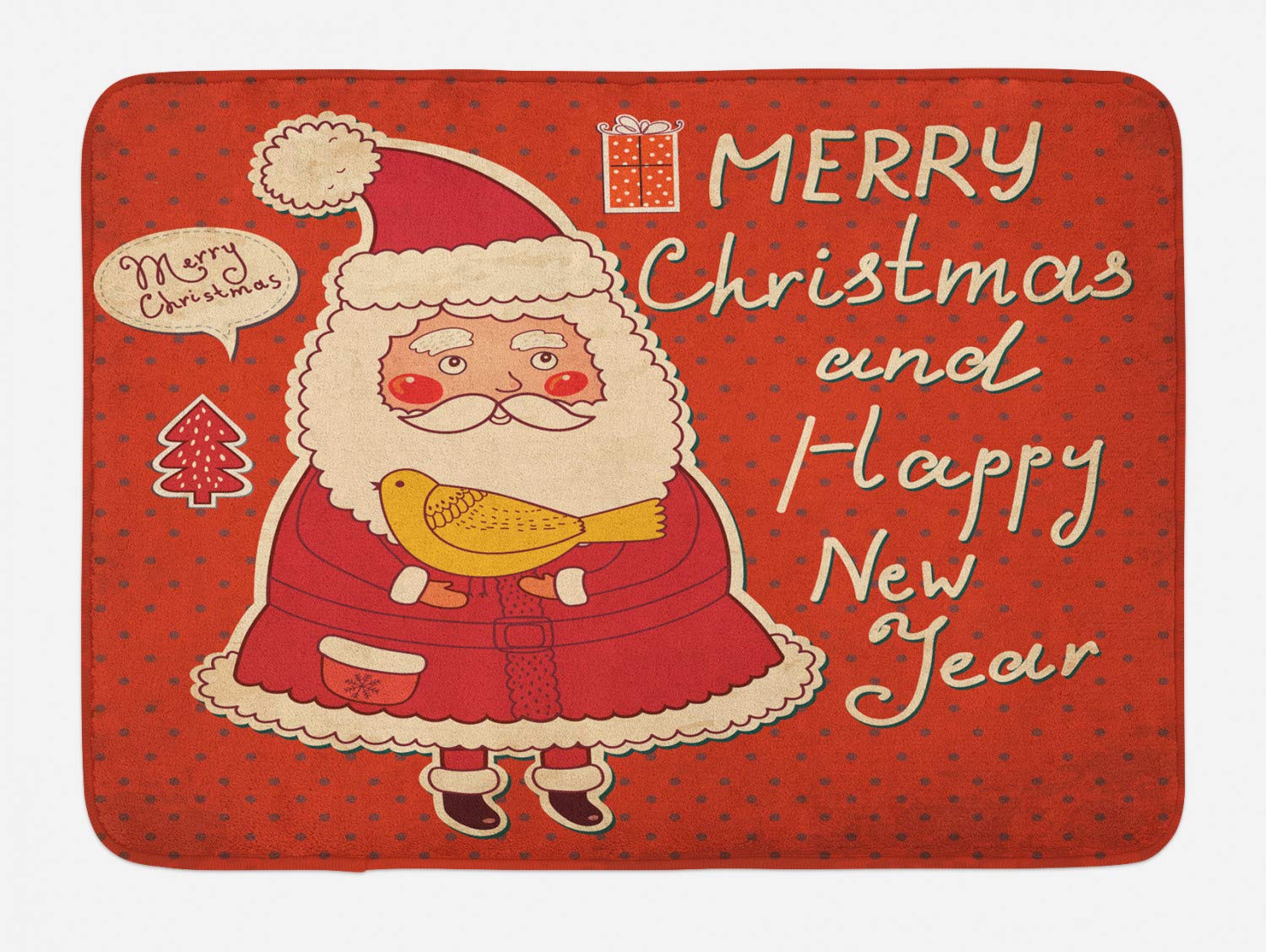 Ambesonne Christmas Bath Mat - Non-Slip Plush Bathroom Rug with Santa Claus & Yellow Bird Retro Design, 30.2