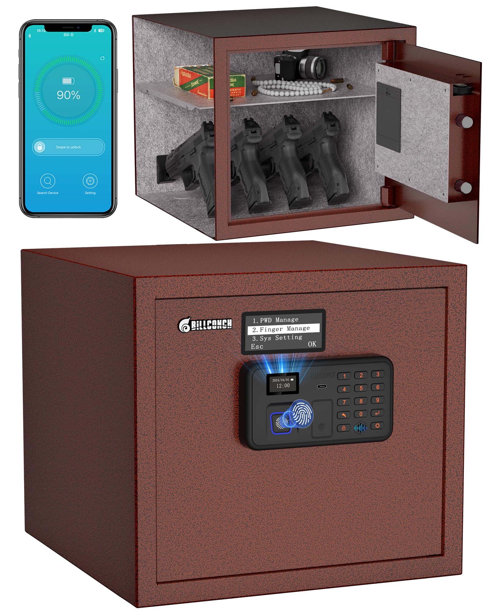 Billconch Smart Gun Safe for Multiple Pistols - Biometric Fingerprint & Keypad Lock with LCD Display & Voice Guidance - Quick Access Handgun Safe for Home, Office & Car Security - Pistol Storage Box for Valuables Protection