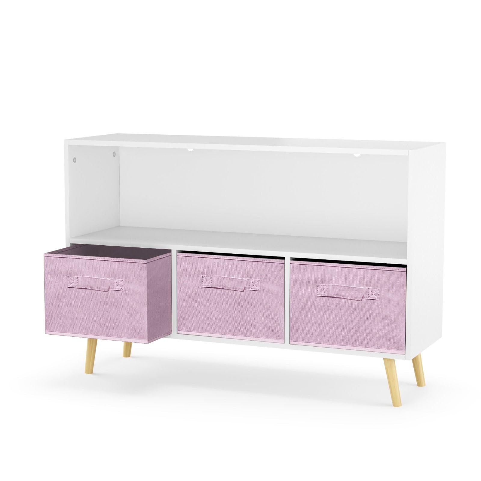 2-Shelf Bookcase with 3 Fabric Storage Bins - Wooden Storage Organizer with Pine Legs for Nursery, Bedroom & Living Room - Perfect for Kids' Toys, Books & Home Decor Organization