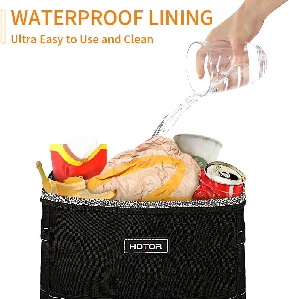 HOTOR 3 Gallon Car Trash Can - Large Capacity Waterproof Vehicle Organizer with Adjustable Straps & Magnetic Snaps - Perfect for Road Trips, Camping & Daily Commute - Black