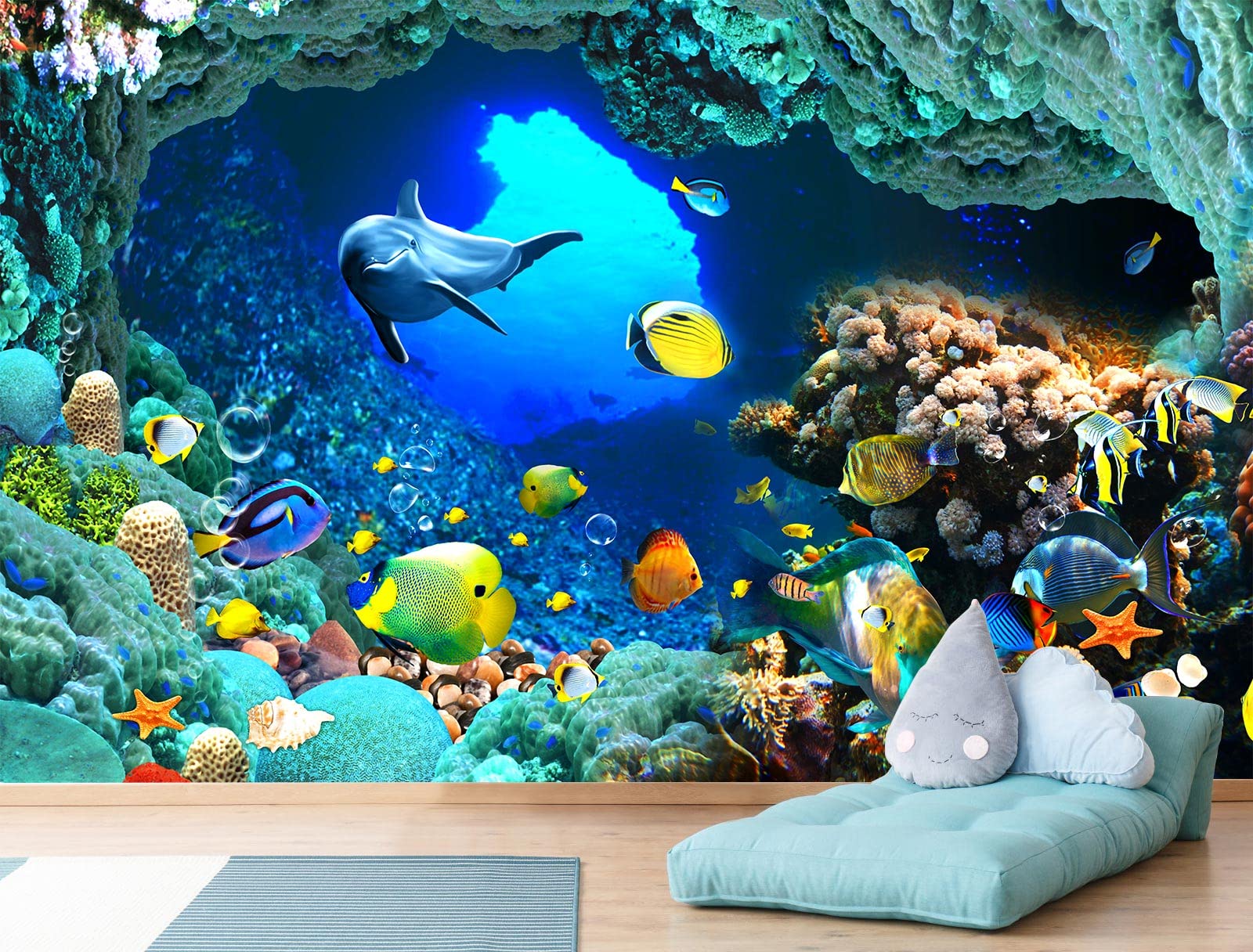 Undersea World Ocean Fish Wall Mural - Waterproof Wallpaper for Living Room, Bedroom & Dining Room Decor | Perfect for Home, Office & Kids Room Wall Design (Not Self-Adhesive)