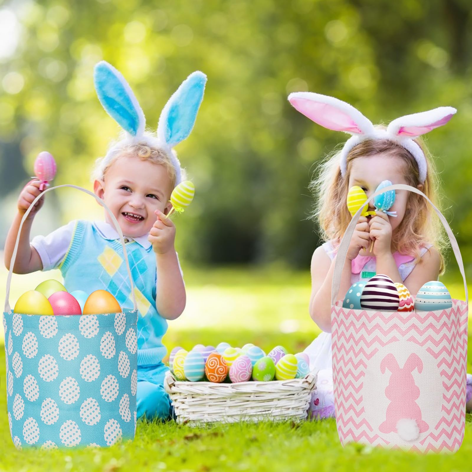 2 Pack Easter Egg Baskets for Kids - Empty Bunny Baskets with Fluffy Rabbit Tails for Easter Egg Hunt, Party Favors & Gift Bags - Perfect for Boys Girls Easter Celebrations, Egg Hunts & Spring Decorations
