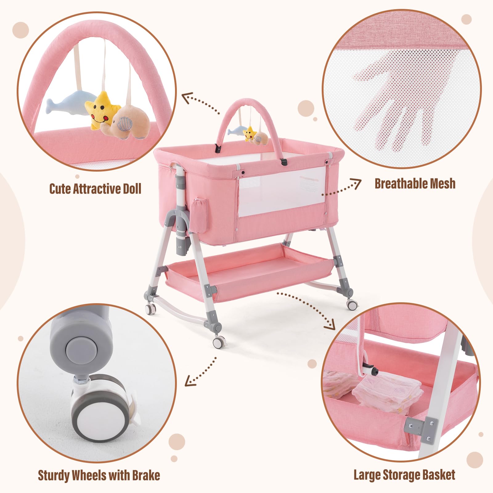 4-in-1 Adjustable Baby Bassinet & Bedside Sleeper with Mattress - Portable Folding Crib with Mosquito Net & Storage - Pink Nursery Bed for Newborns - Perfect for Co-Sleeping, Travel & Small Spaces