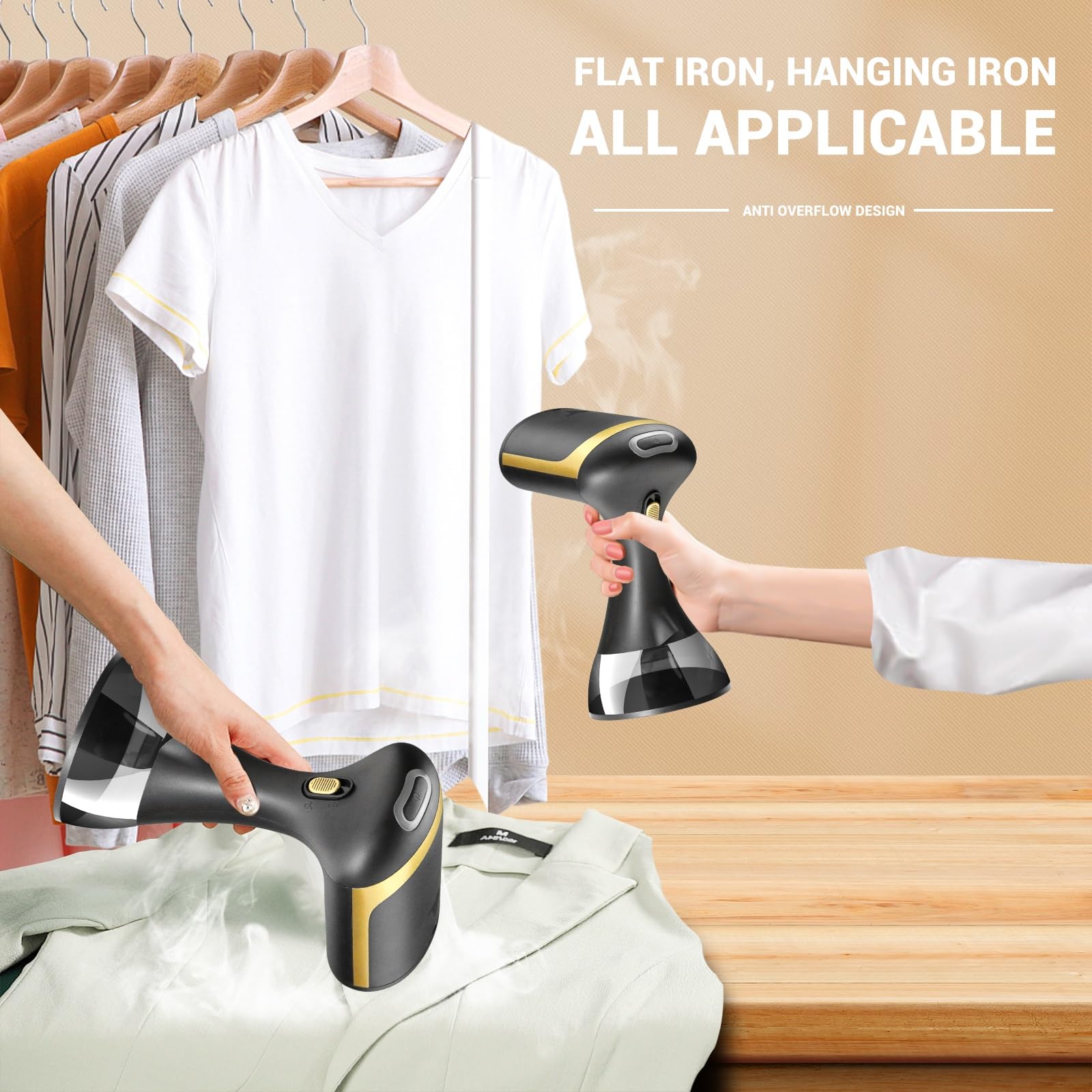 AN-2 Portable Black Garment Steamer - 1500W Fast Heating, 300ml Water Tank, 30-Second Ready, Auto Shut-Off for Travel & Home Use - Perfect for Clothes, Curtains, and Upholstery