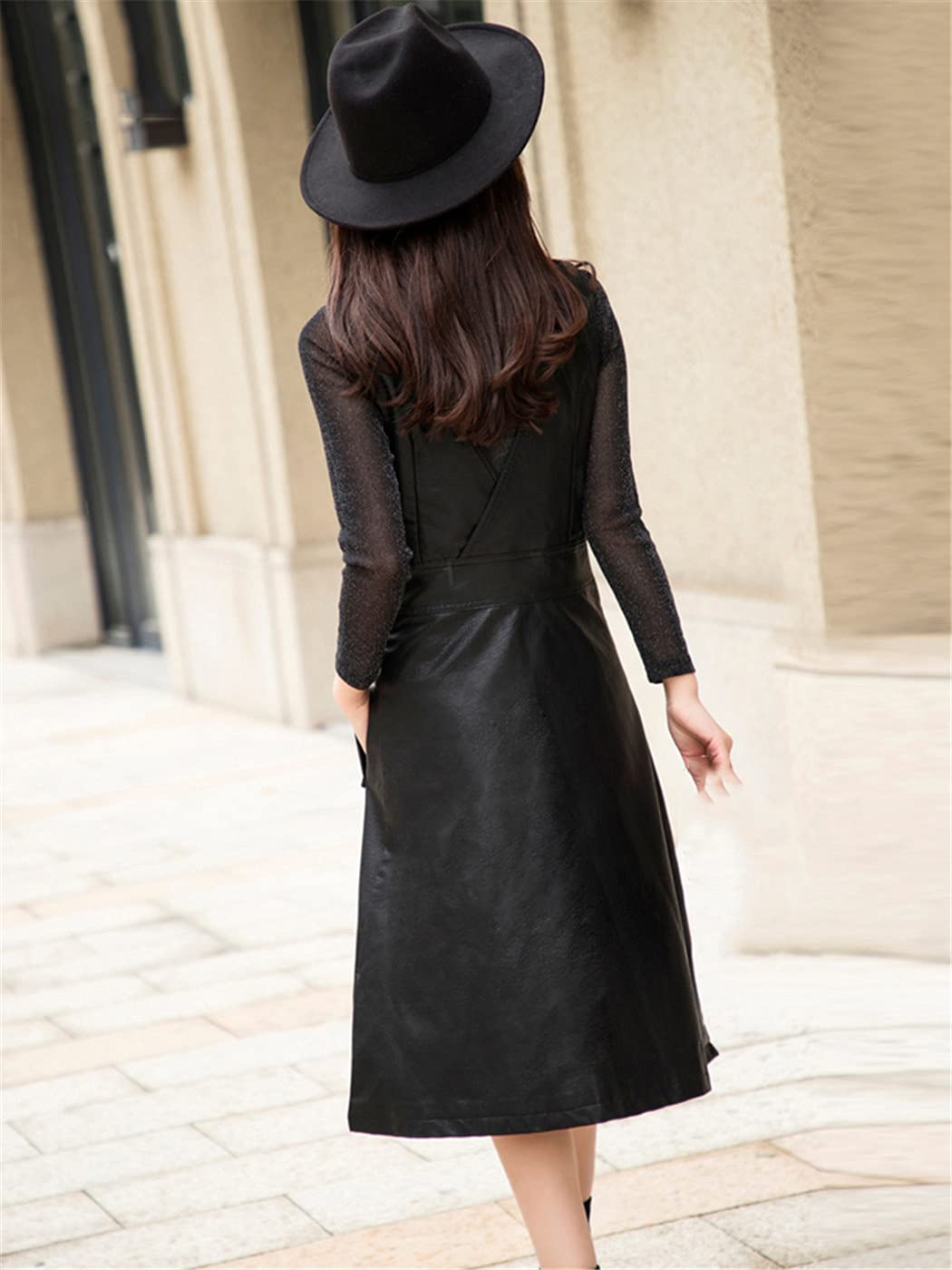 Elegant Women's Summer Long PU Leather Dress - Korean Style Strap Midi Faux Leather Dress for Office, Party & Date Night Outfits